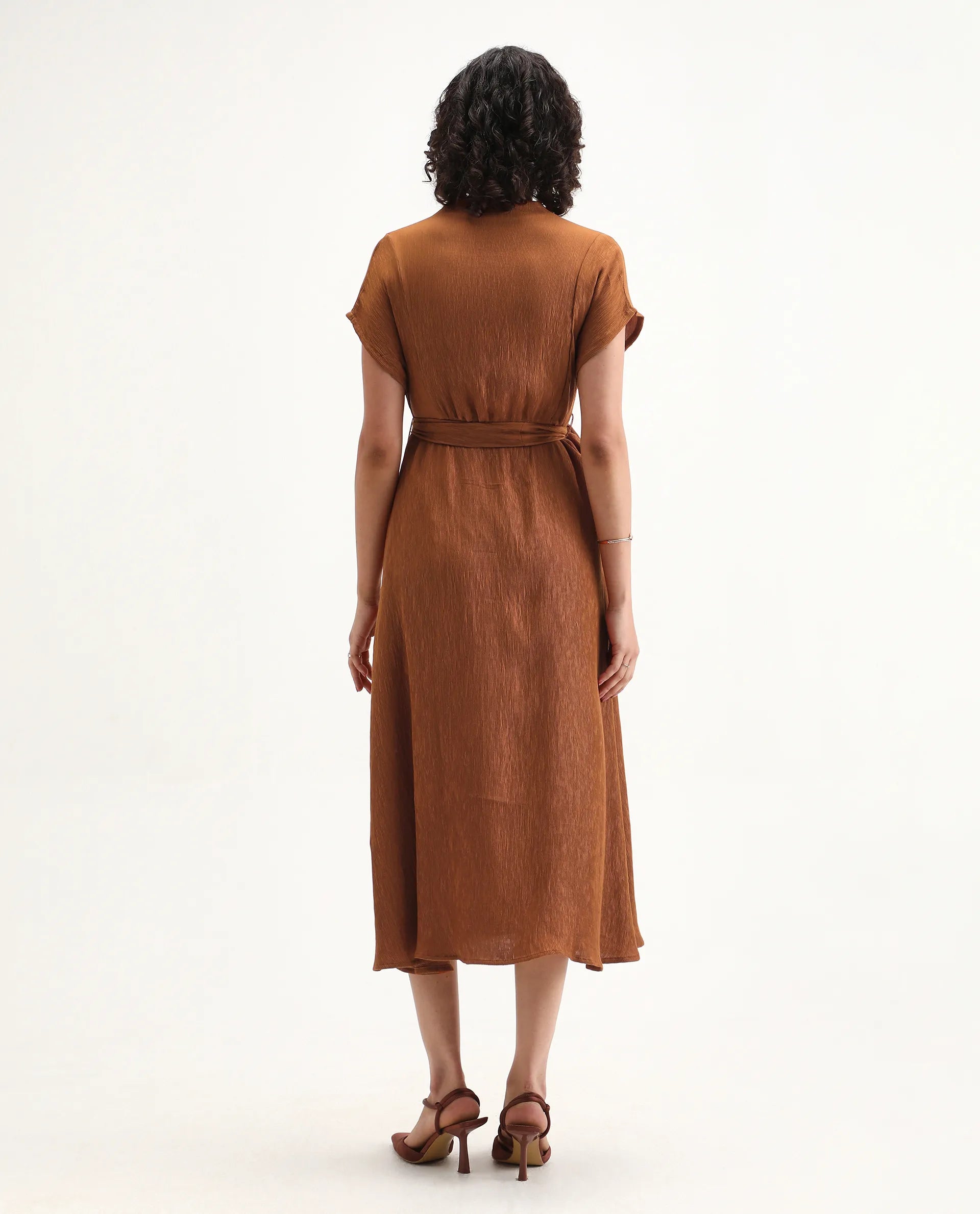 Rareism Women's Aviha Rust Nylon Blend V-Neck Fit And Flare Plain Dress