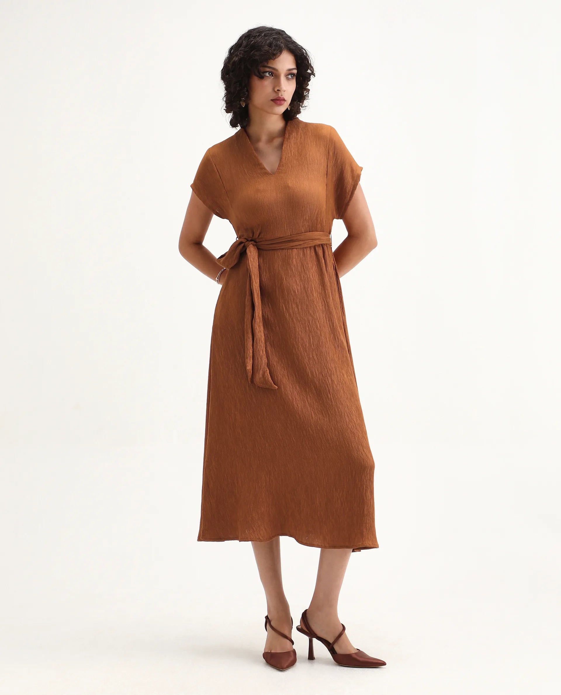 Rareism Women's Aviha Rust Nylon Blend V-Neck Fit And Flare Plain Dress