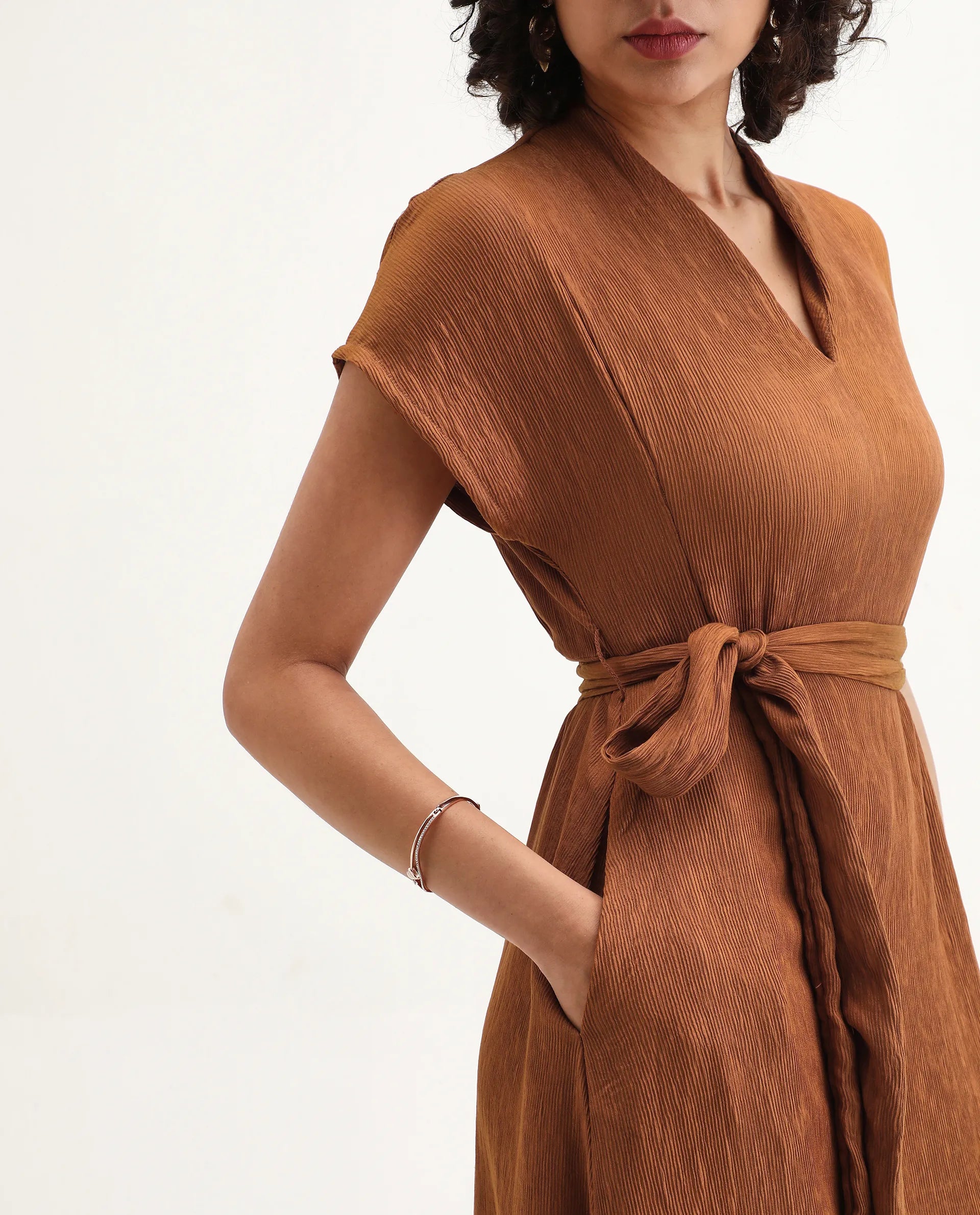 Rareism Women's Aviha Rust Nylon Blend V-Neck Fit And Flare Plain Dress