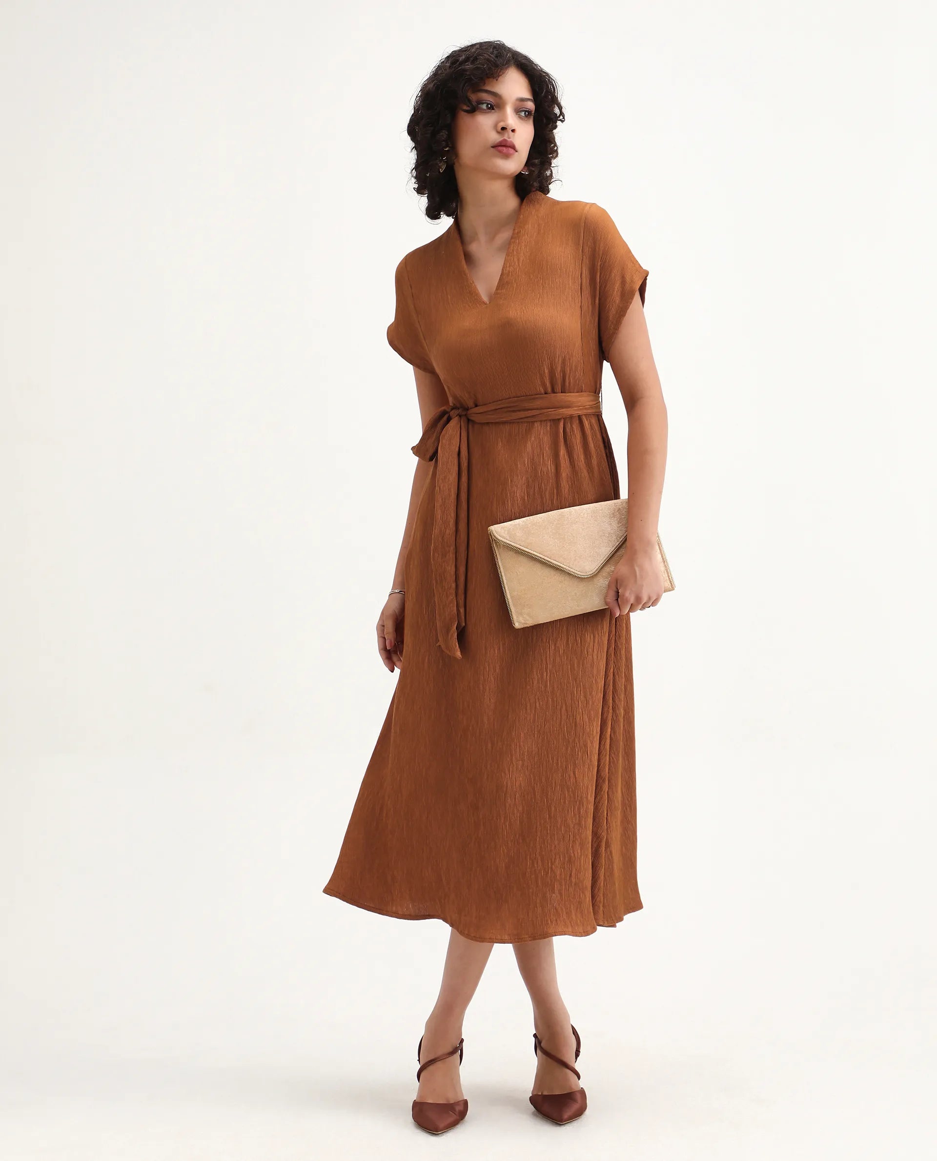 Rareism Women's Aviha Rust Nylon Blend V-Neck Fit And Flare Plain Dress