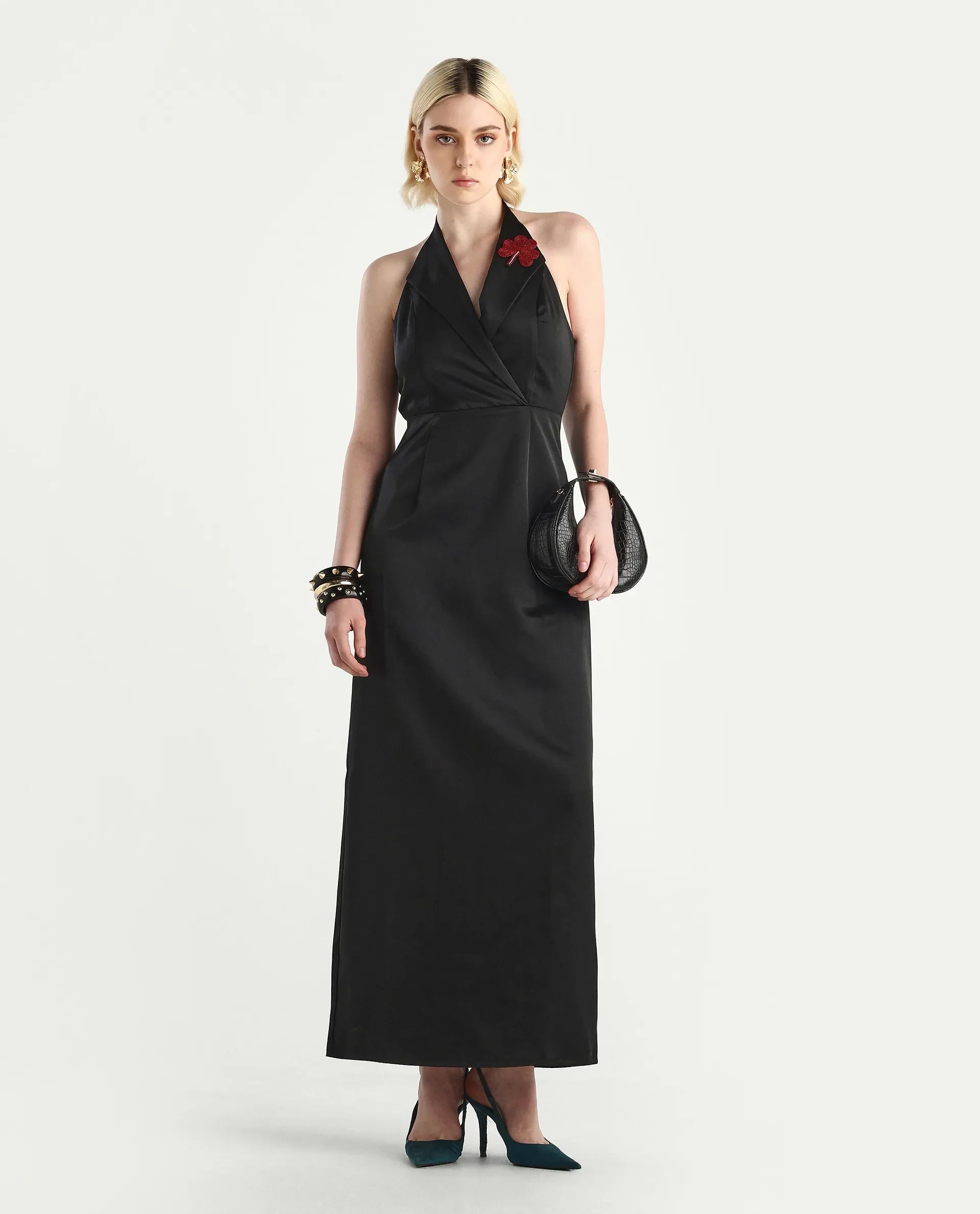 Rareism Women's Avila Black Polyester Halter Neck Fitted Plain Dress
