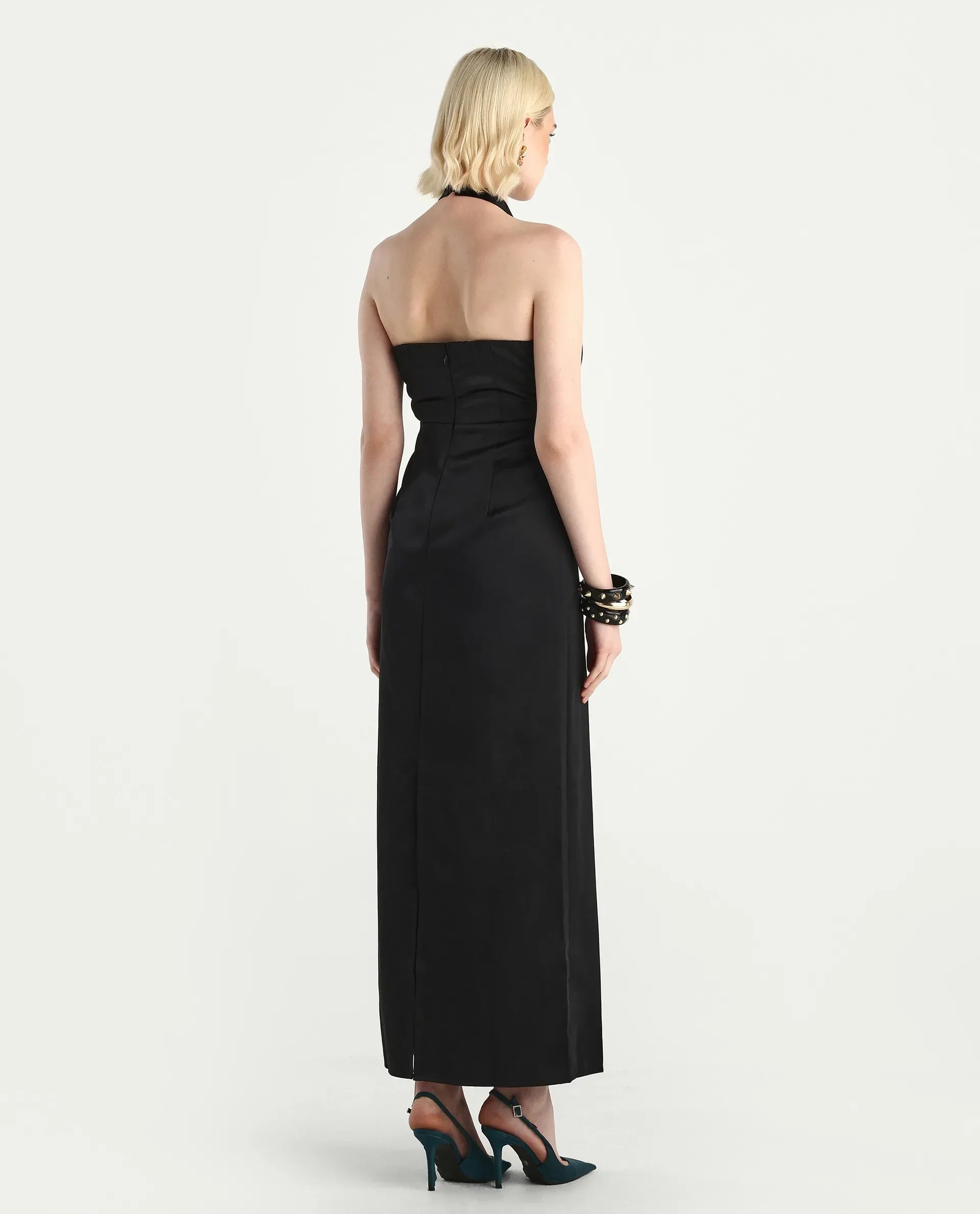 Rareism Women's Avila Black Polyester Halter Neck Fitted Plain Dress