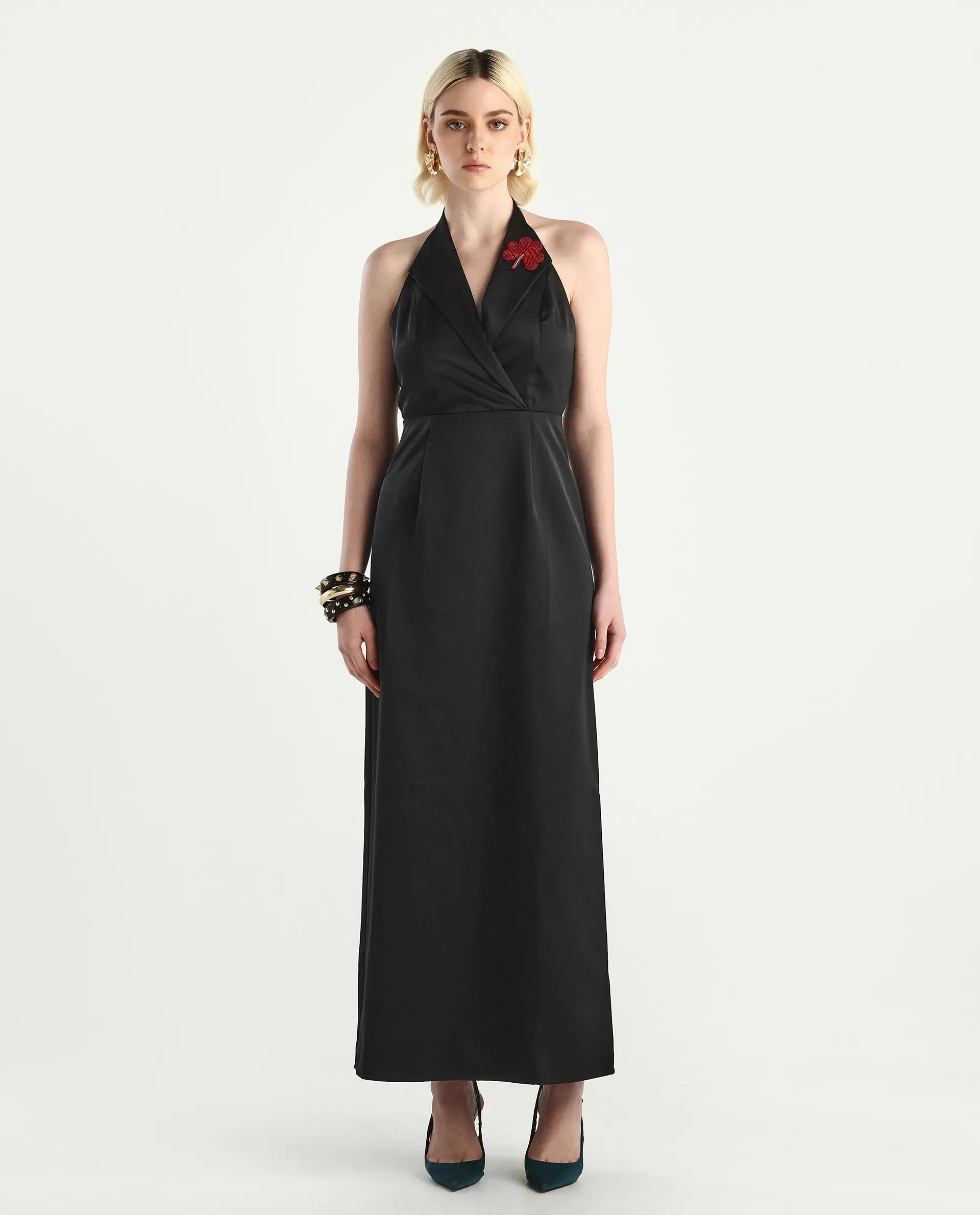 Rareism Women's Avila Black Polyester Halter Neck Fitted Plain Dress