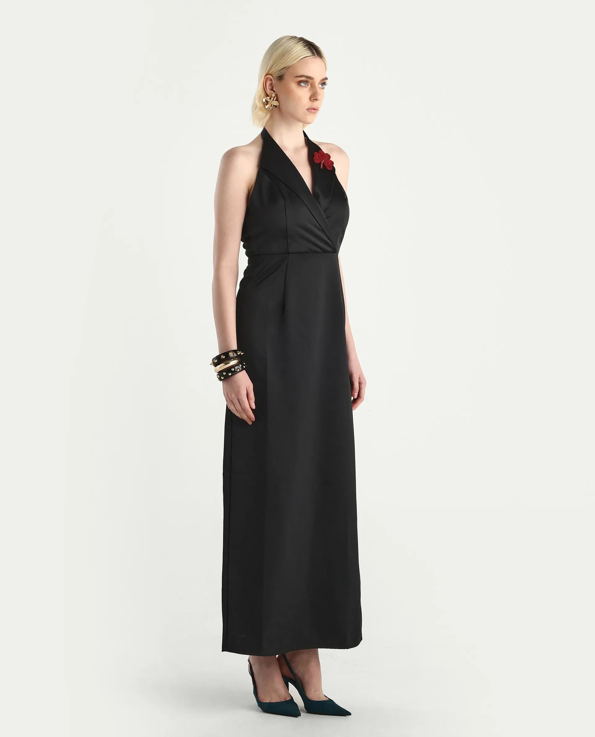 Rareism Women's Avila Black Polyester Halter Neck Fitted Plain Dress