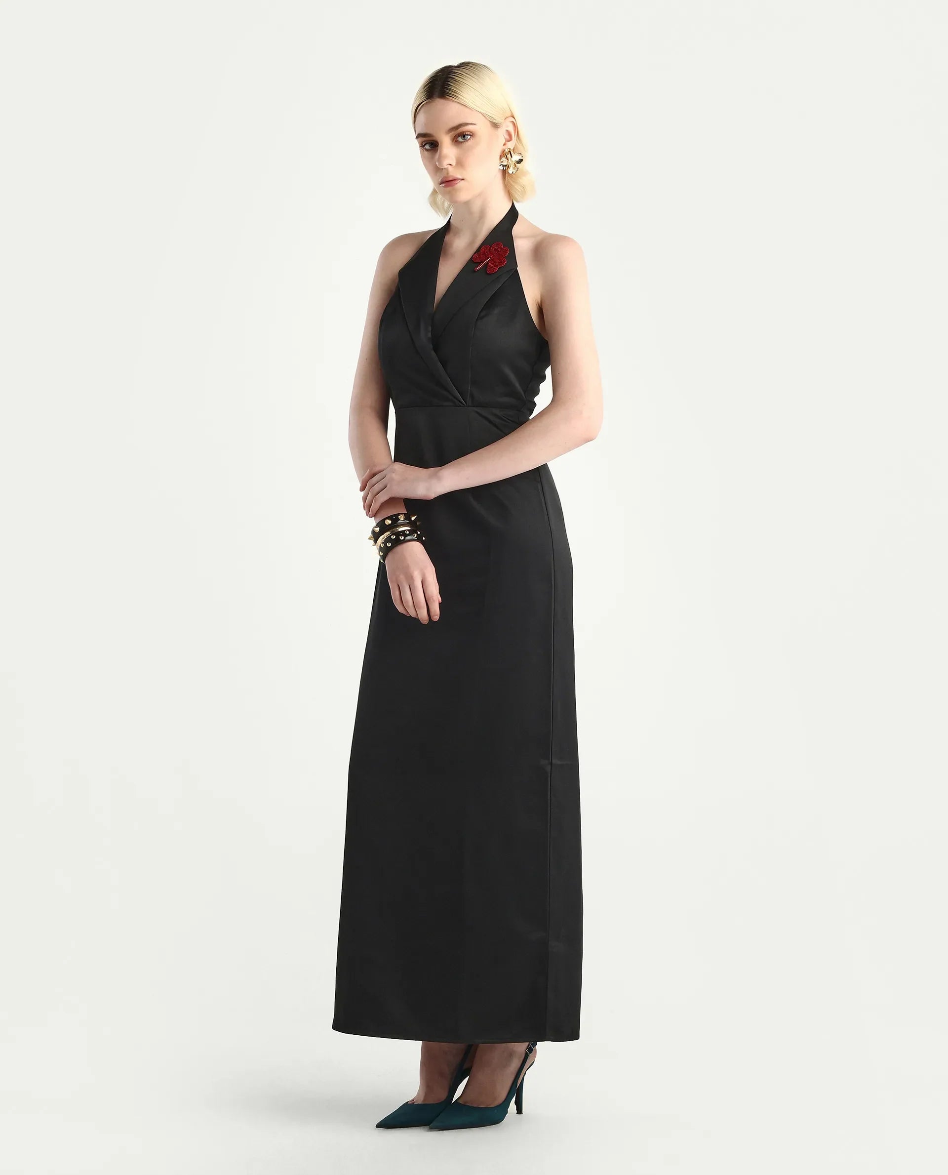 Rareism Women's Avila Black Polyester Halter Neck Fitted Plain Dress