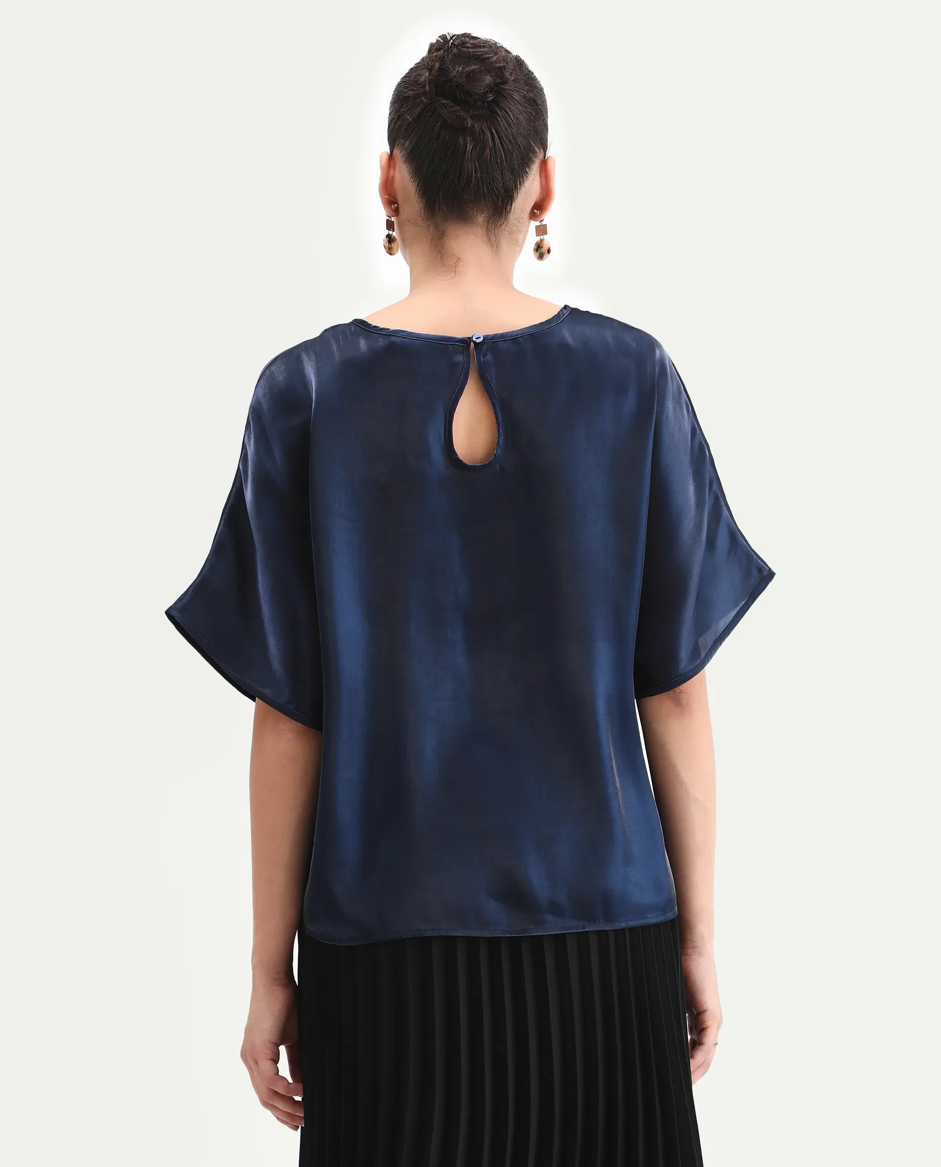 Rareism Women's Avili Navy Polyester Round Neck Boxy Fit Plain Top