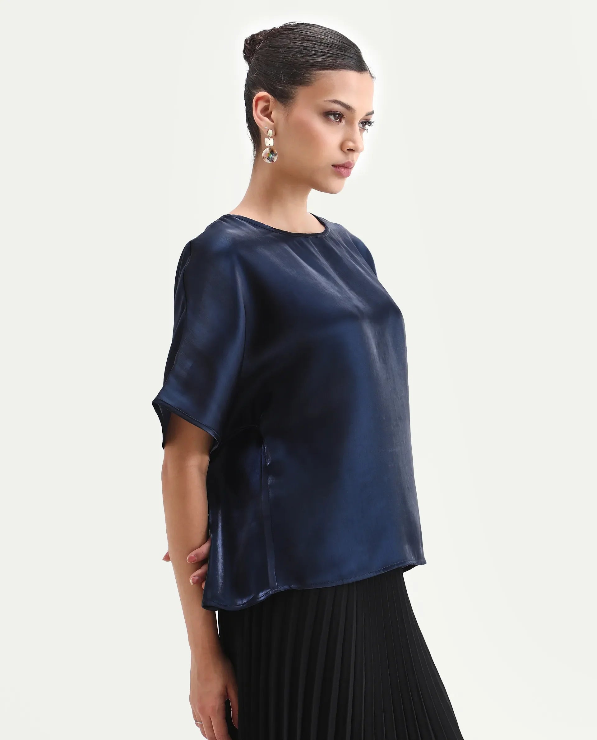 Rareism Women's Avili Navy Polyester Round Neck Boxy Fit Plain Top