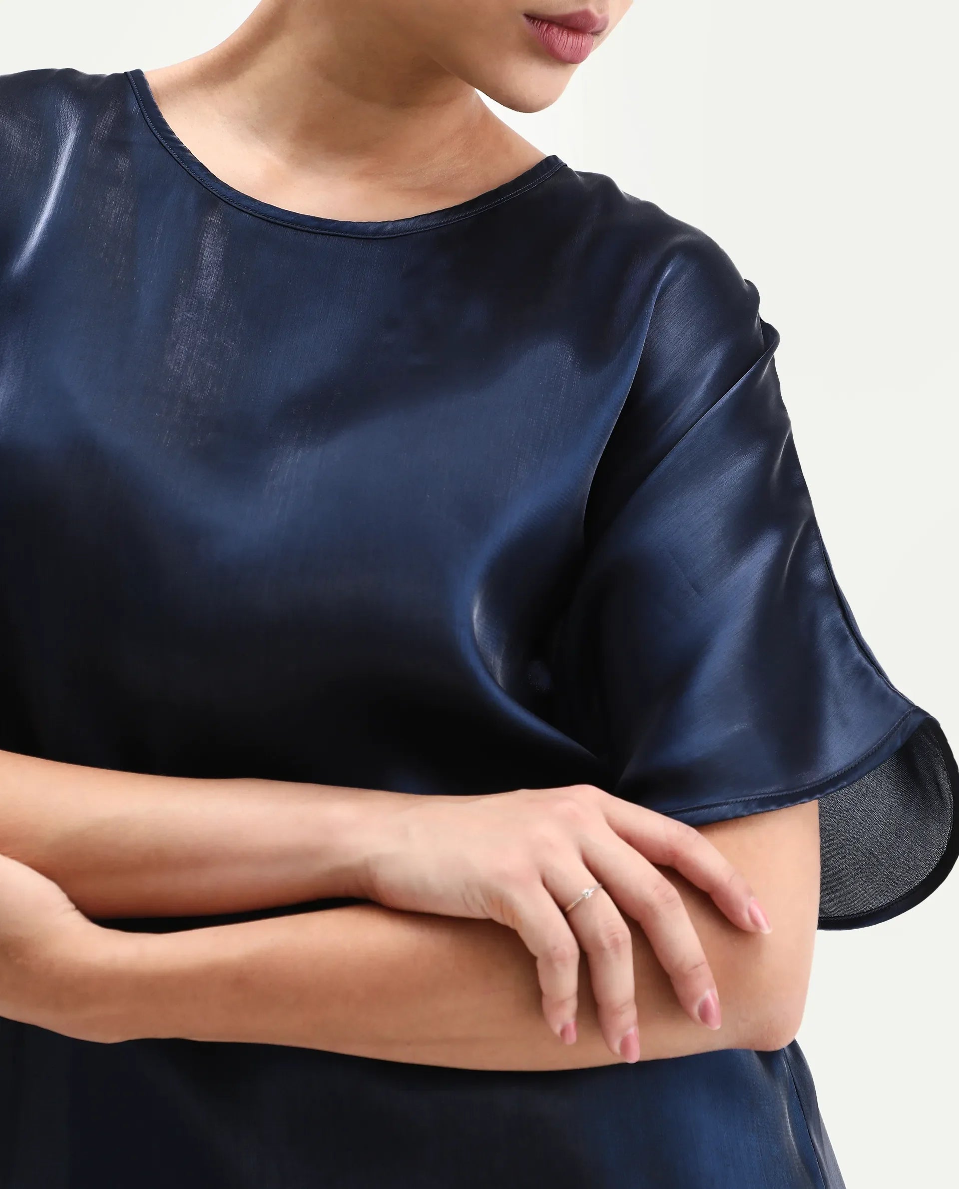 Rareism Women's Avili Navy Polyester Round Neck Boxy Fit Plain Top