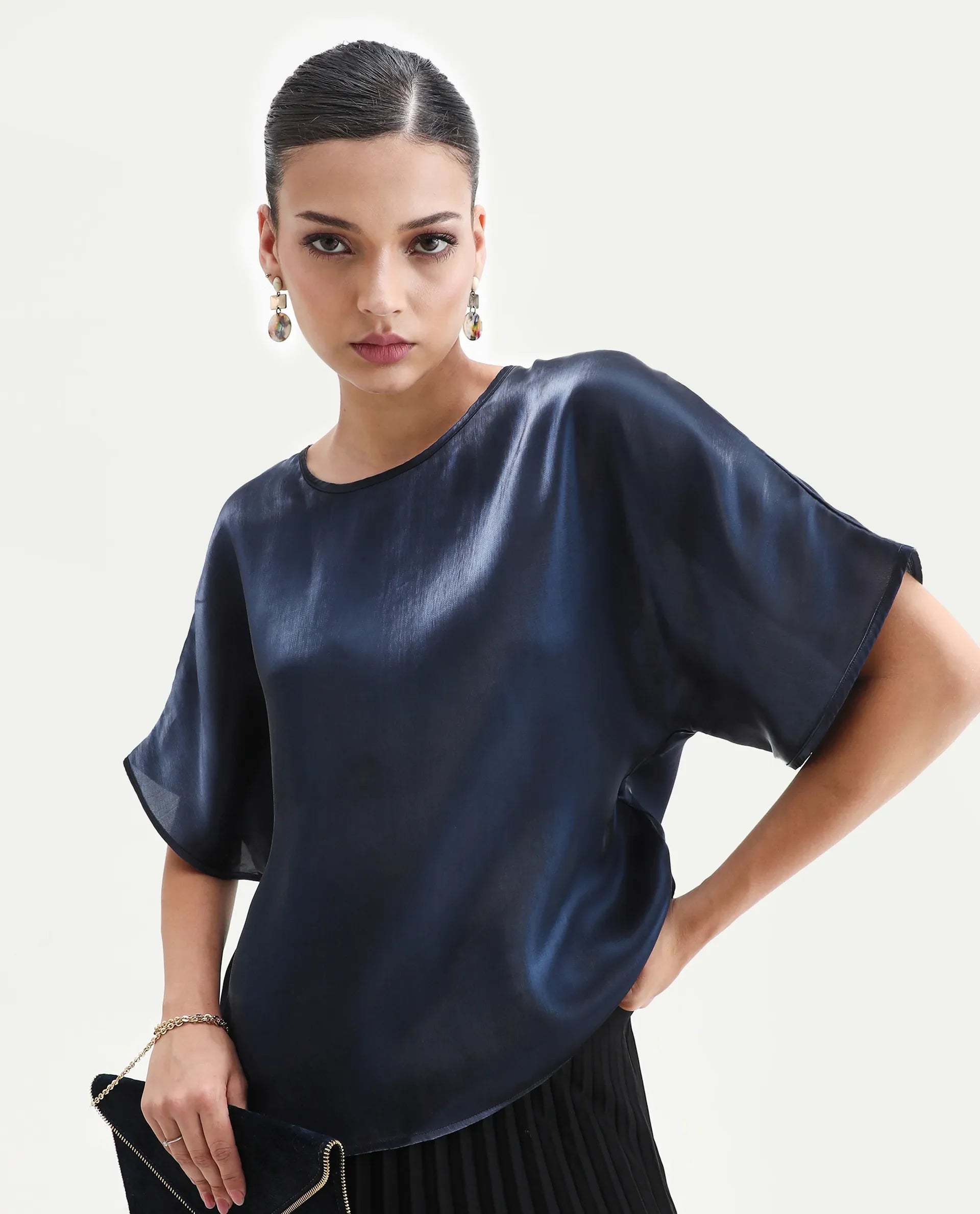 Rareism Women's Avili Navy Polyester Round Neck Boxy Fit Plain Top