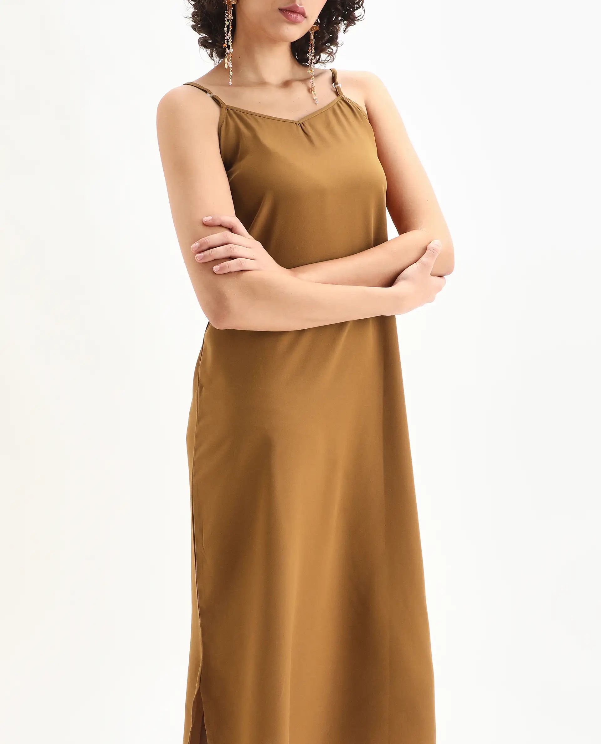 Rareism Women's Avilq Mustard Polyester V-Neck Relaxed Fit Dress