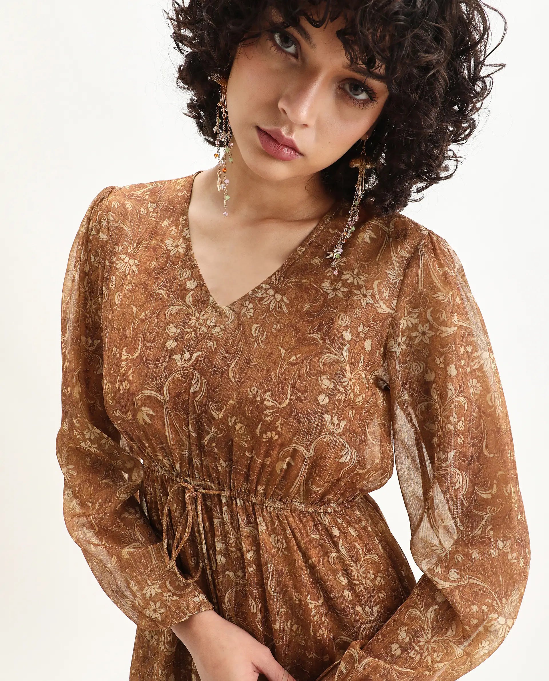 Rareism Women's Avilq Mustard Polyester V-Neck Relaxed Fit Dress