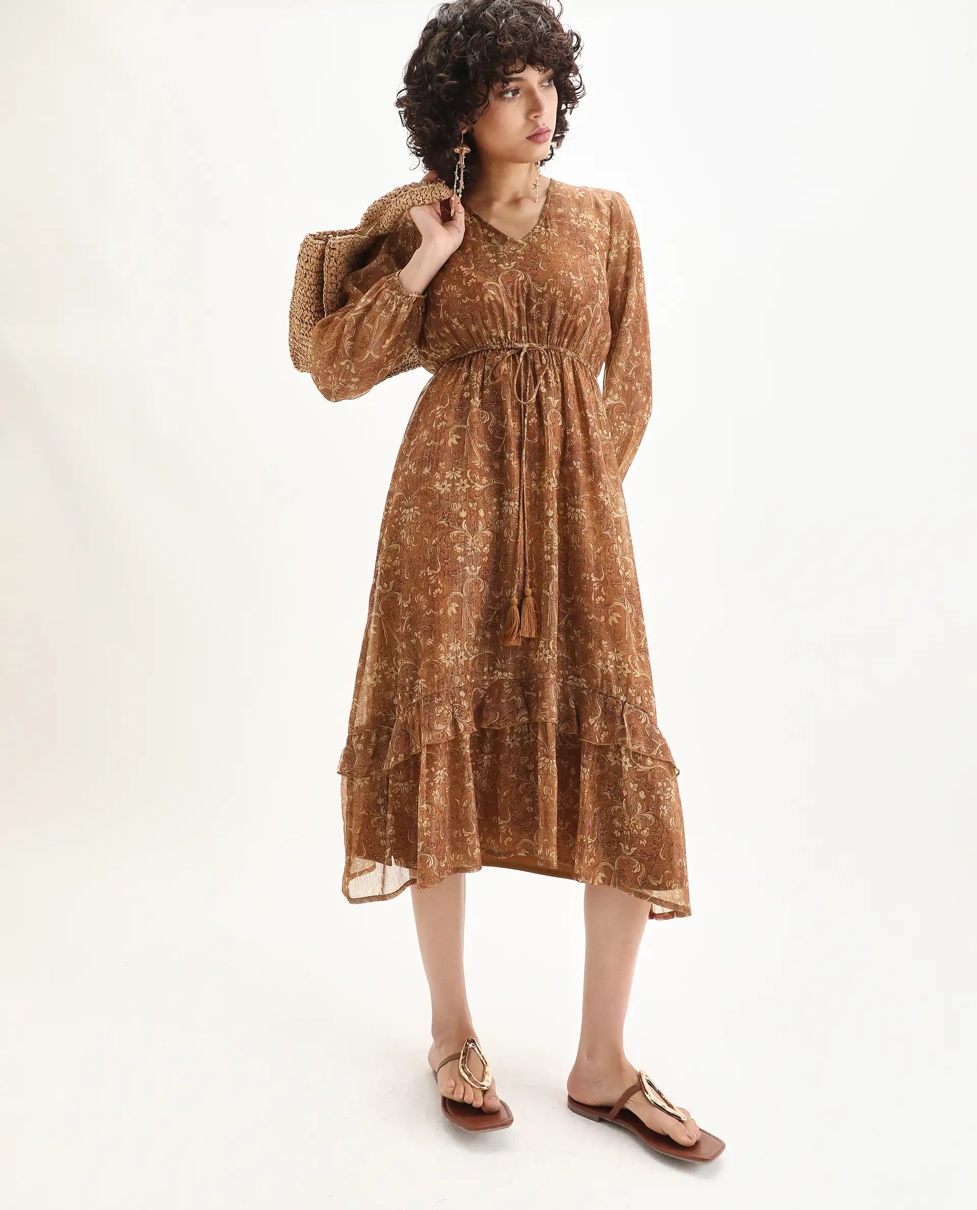 Rareism Women's Avilq Mustard Polyester V-Neck Relaxed Fit Dress