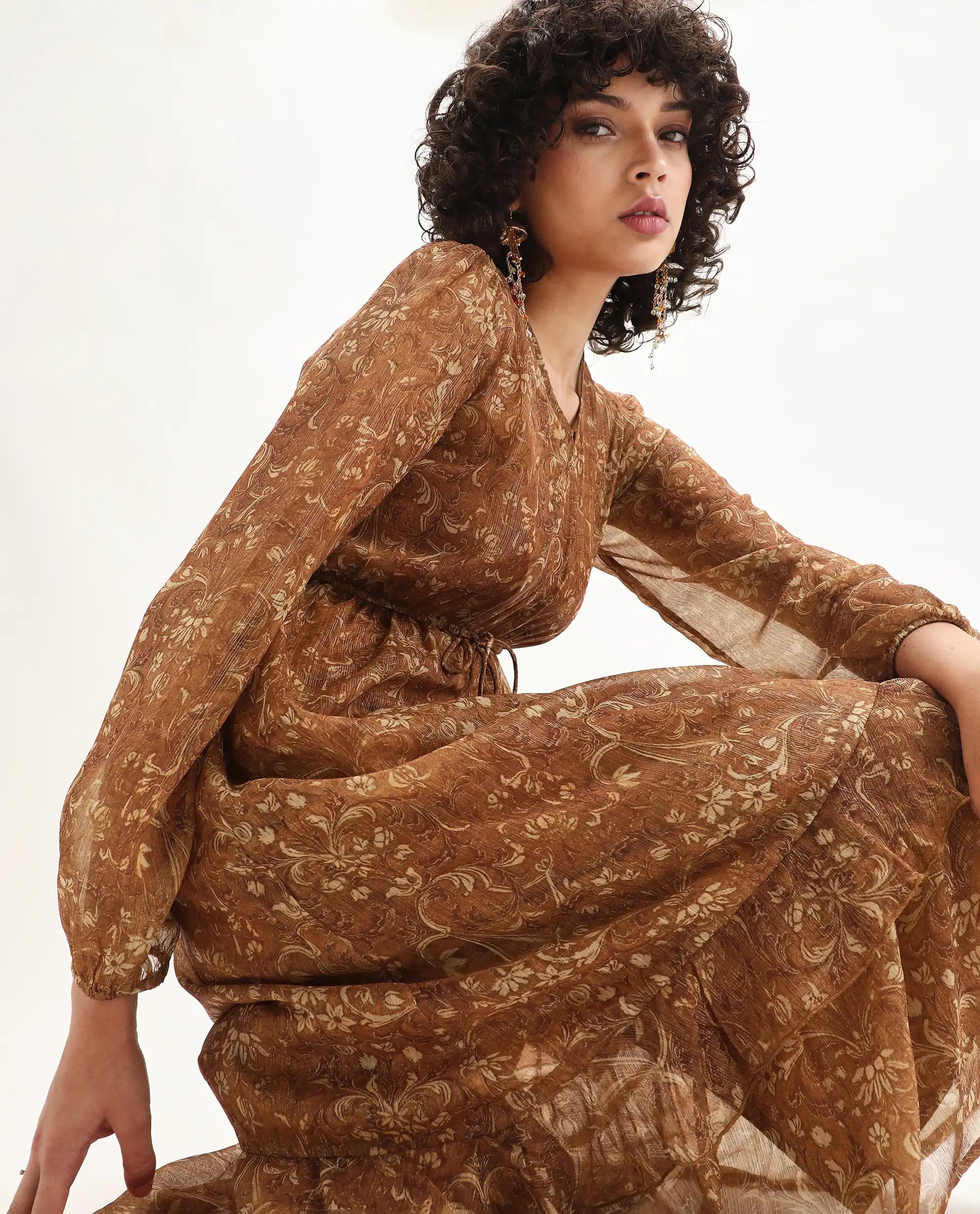 Rareism Women's Avilq Mustard Polyester V-Neck Relaxed Fit Dress