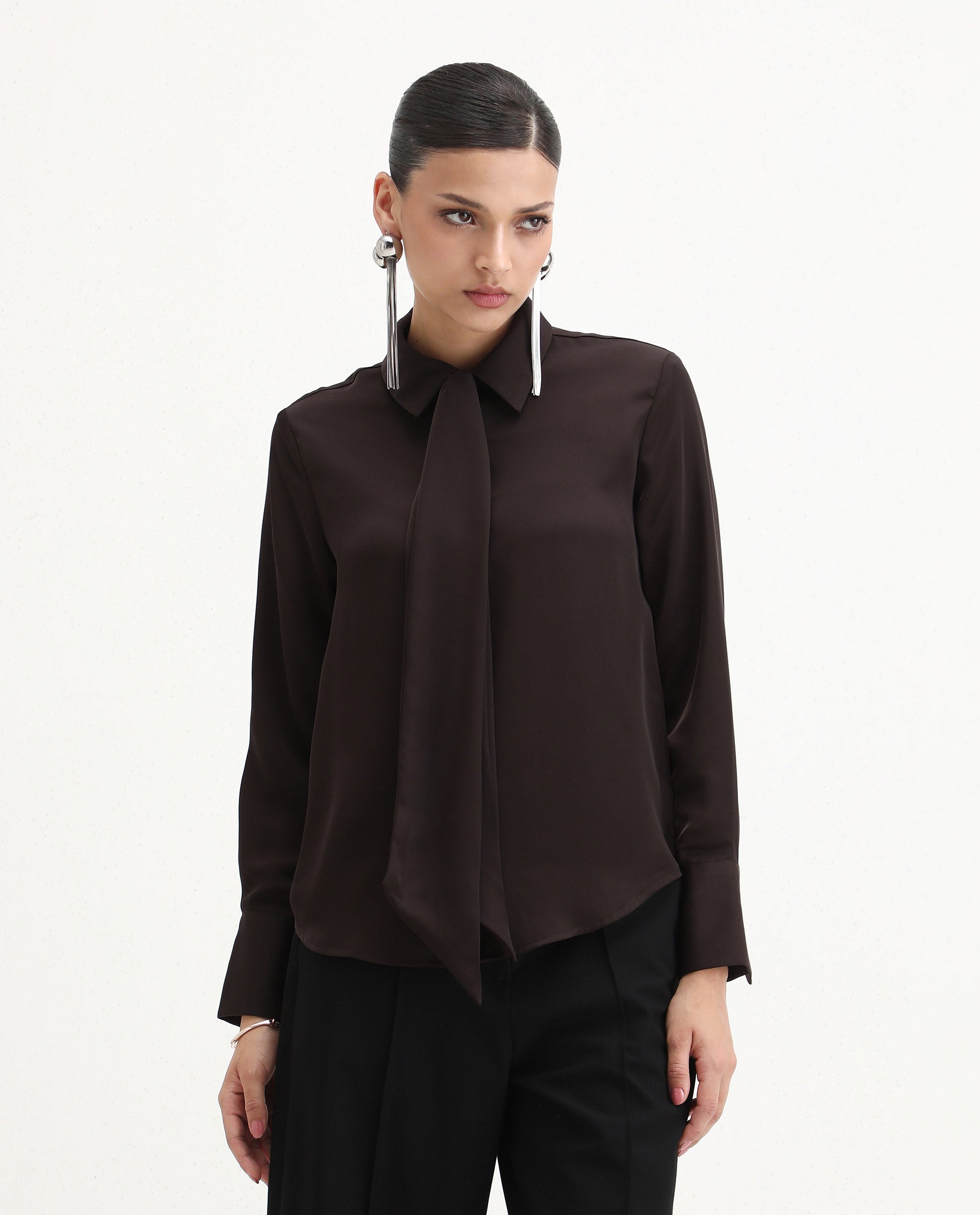 Rareism Women's Aviol Brown Polyester Collared Neck Regular Fit Shirt