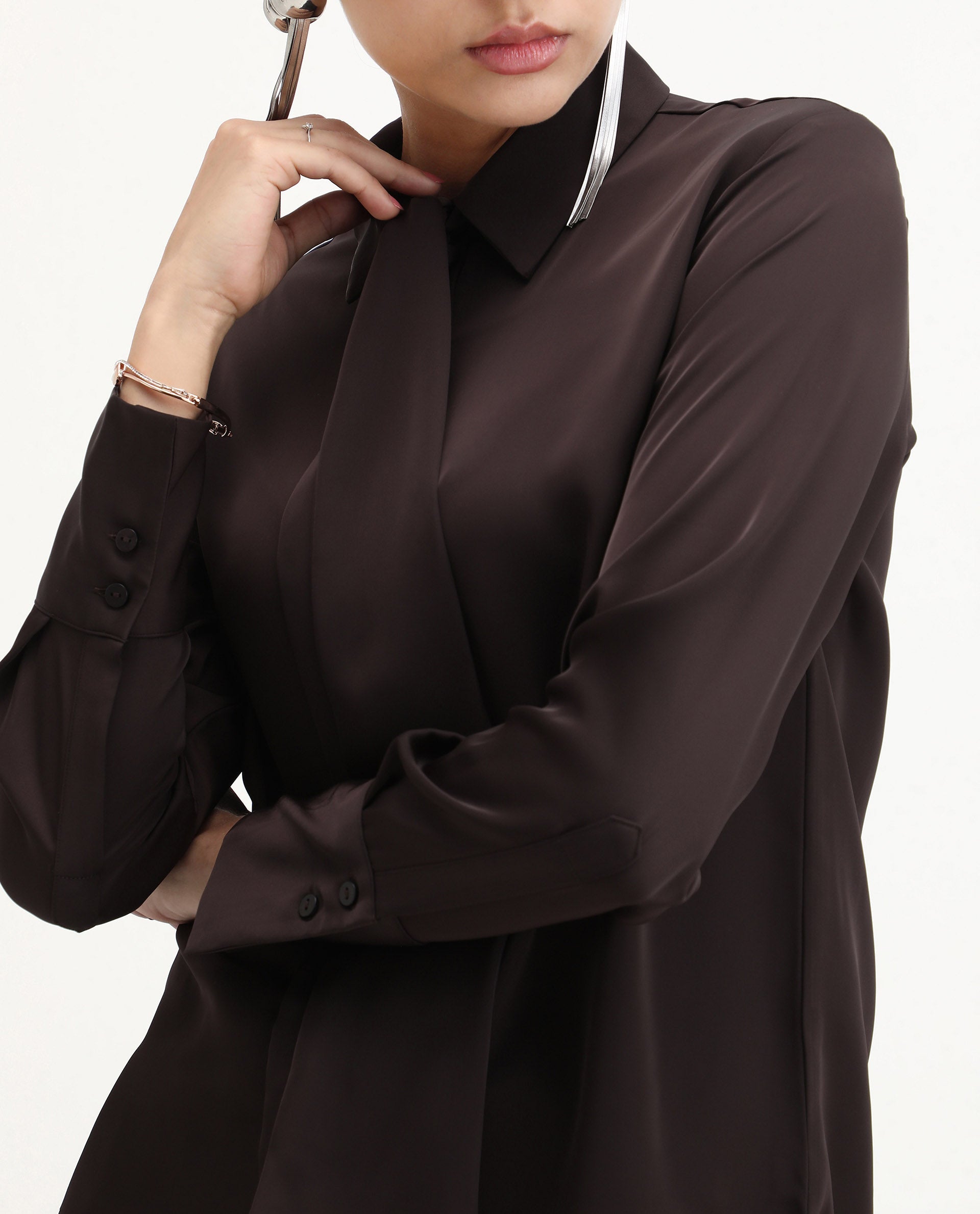 Rareism Women's Aviol Brown Polyester Collared Neck Regular Fit Shirt