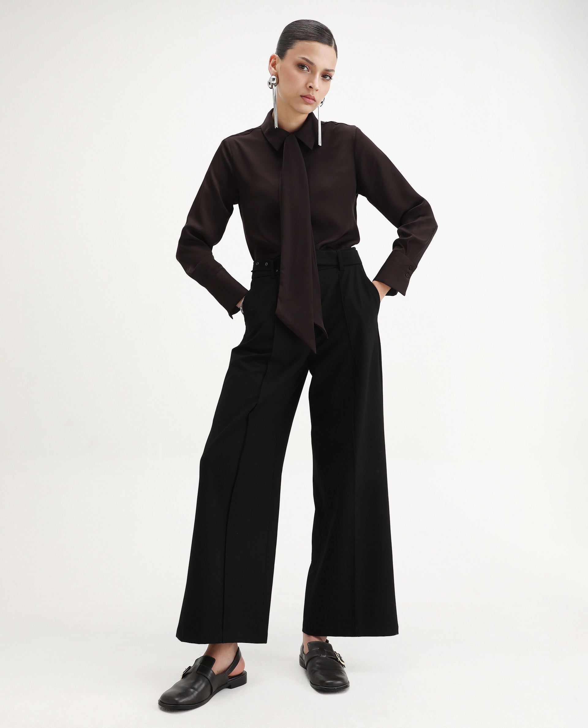 Rareism Women's Aviol Brown Polyester Collared Neck Regular Fit Shirt