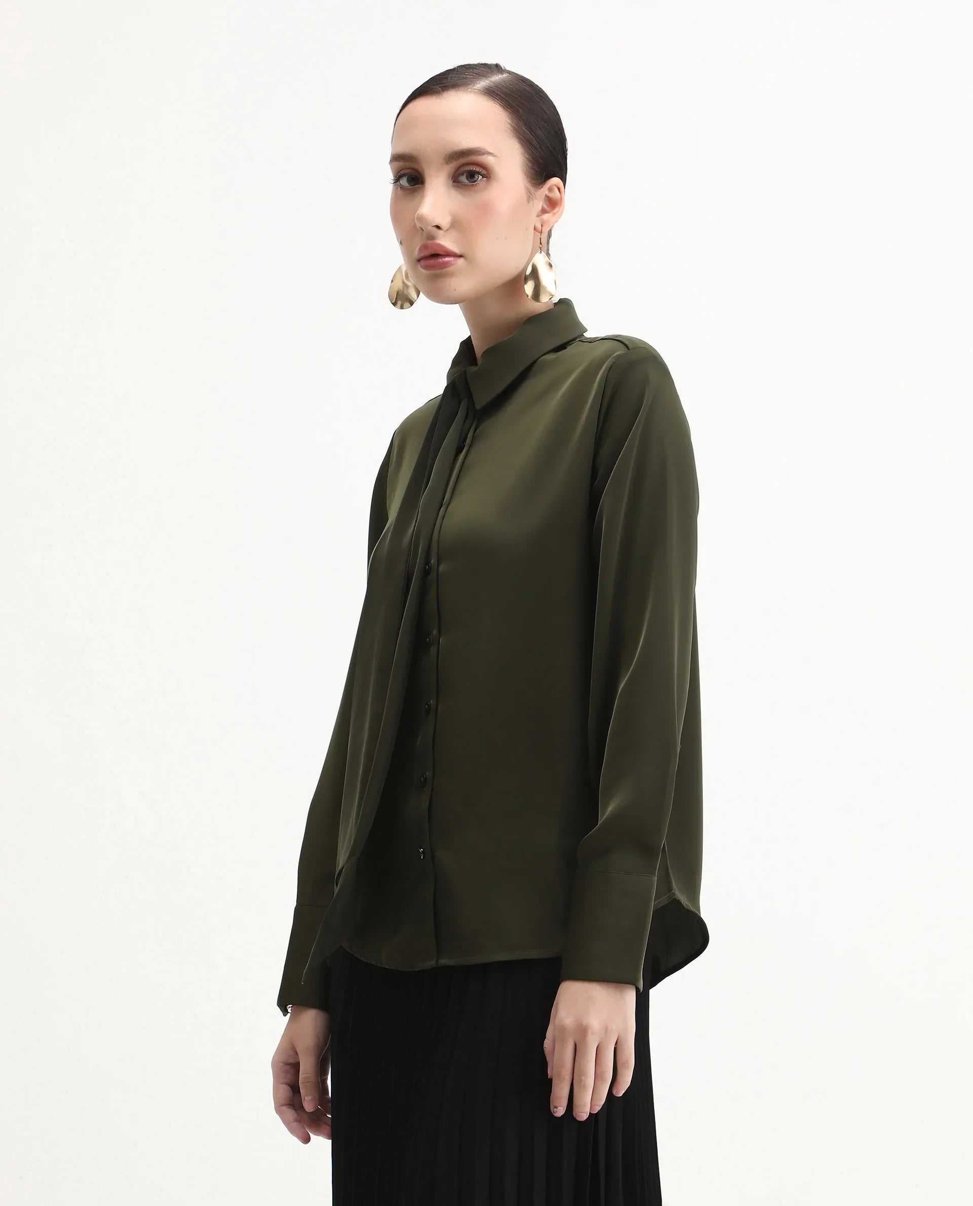 Rareism Women Aviol Olive Collared Neck Button Closure Plain Shirt