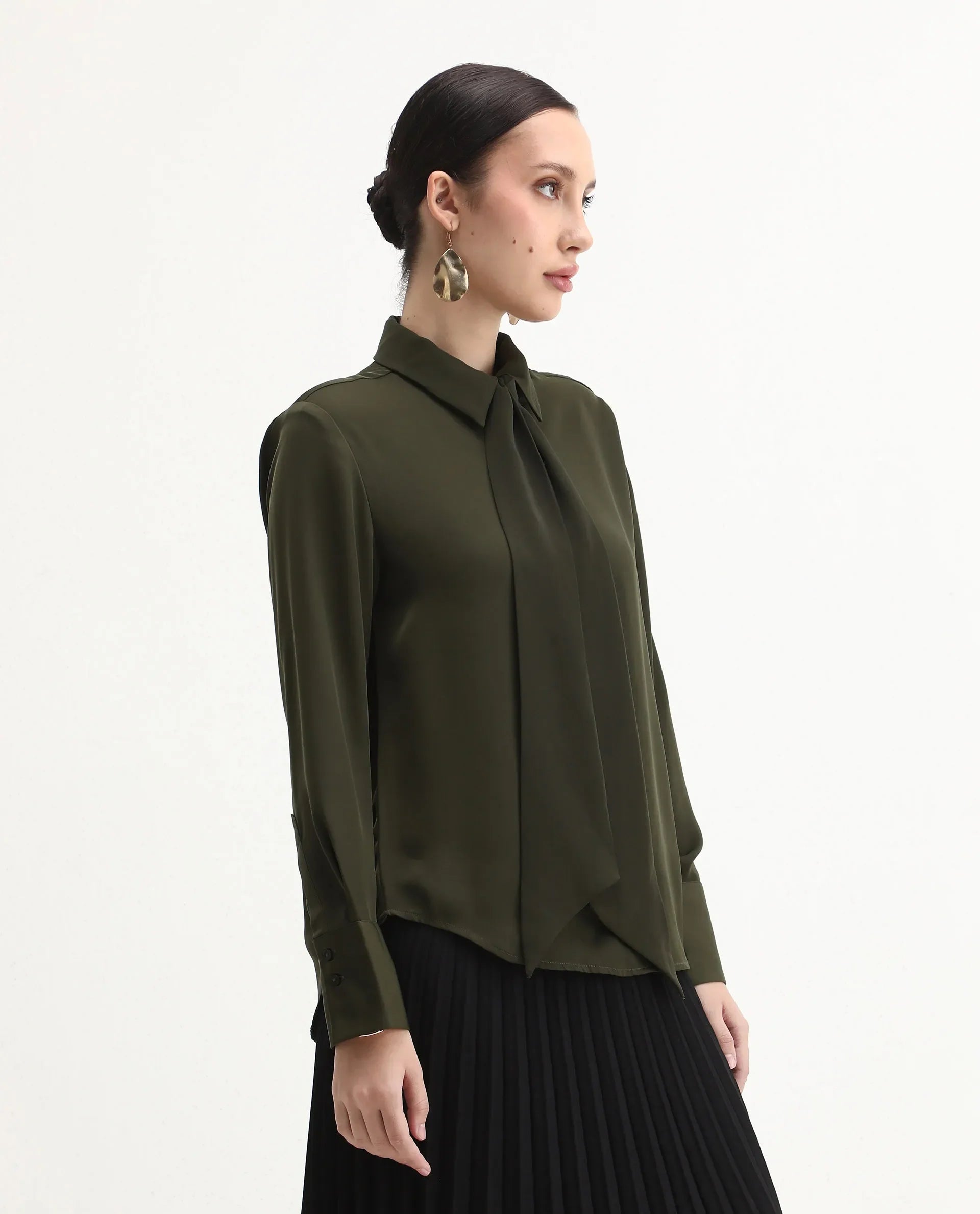 Rareism Women Aviol Olive Collared Neck Button Closure Plain Shirt