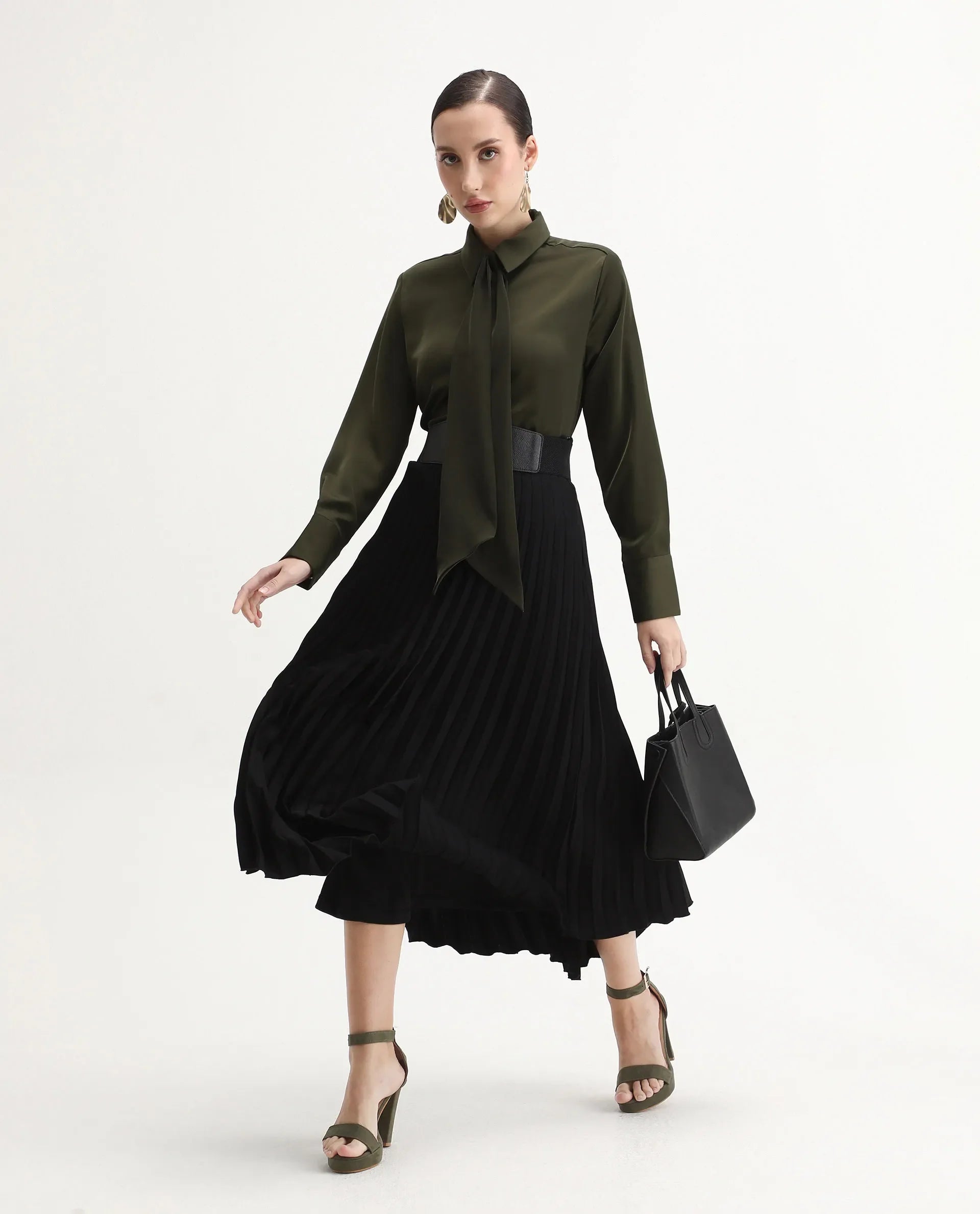 Rareism Women Aviol Olive Collared Neck Button Closure Plain Shirt