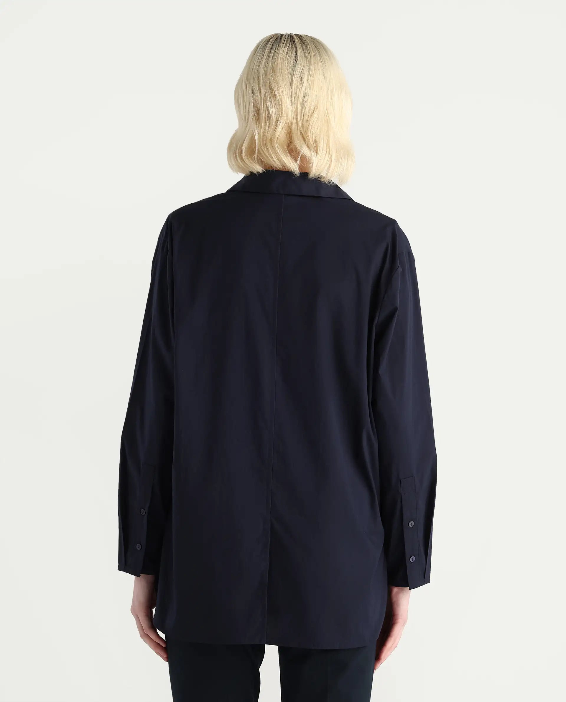 Rareism Women's Avion Navy Cotton Blend Collared Neck Boxy Fit Shirt