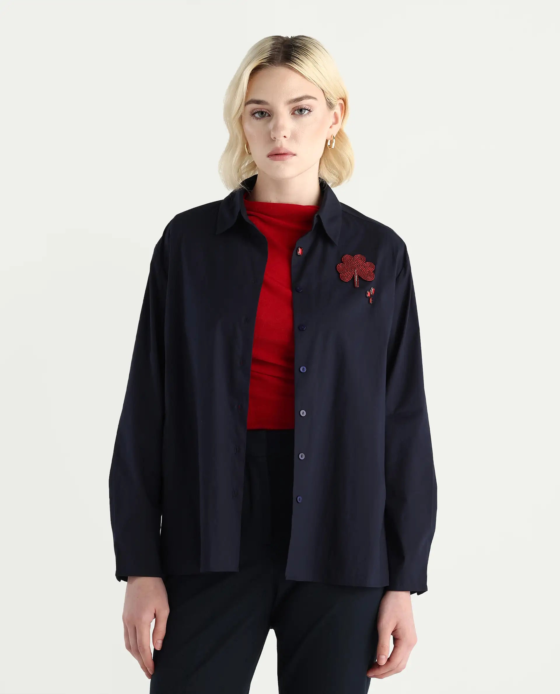 Rareism Women's Avion Navy Cotton Blend Collared Neck Boxy Fit Shirt