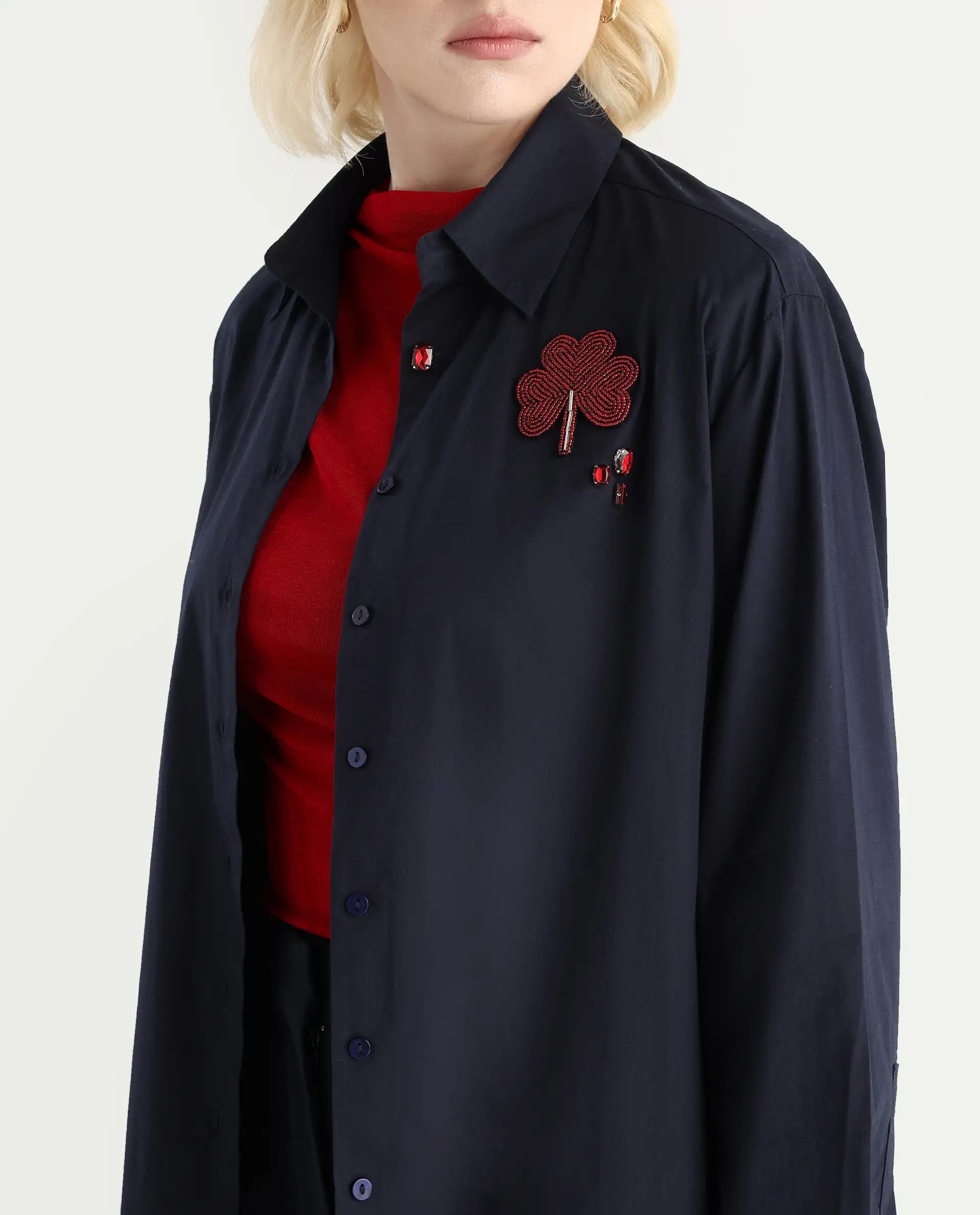 Rareism Women's Avion Navy Cotton Blend Collared Neck Boxy Fit Shirt
