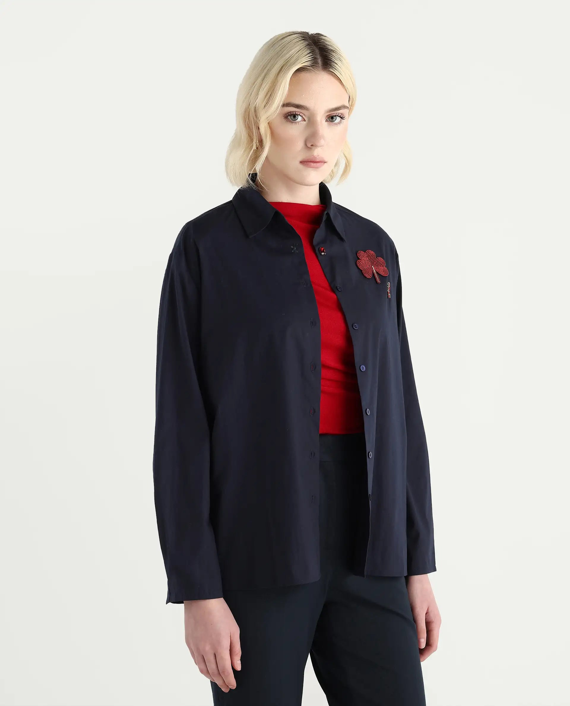 Rareism Women's Avion Navy Cotton Blend Collared Neck Boxy Fit Shirt
