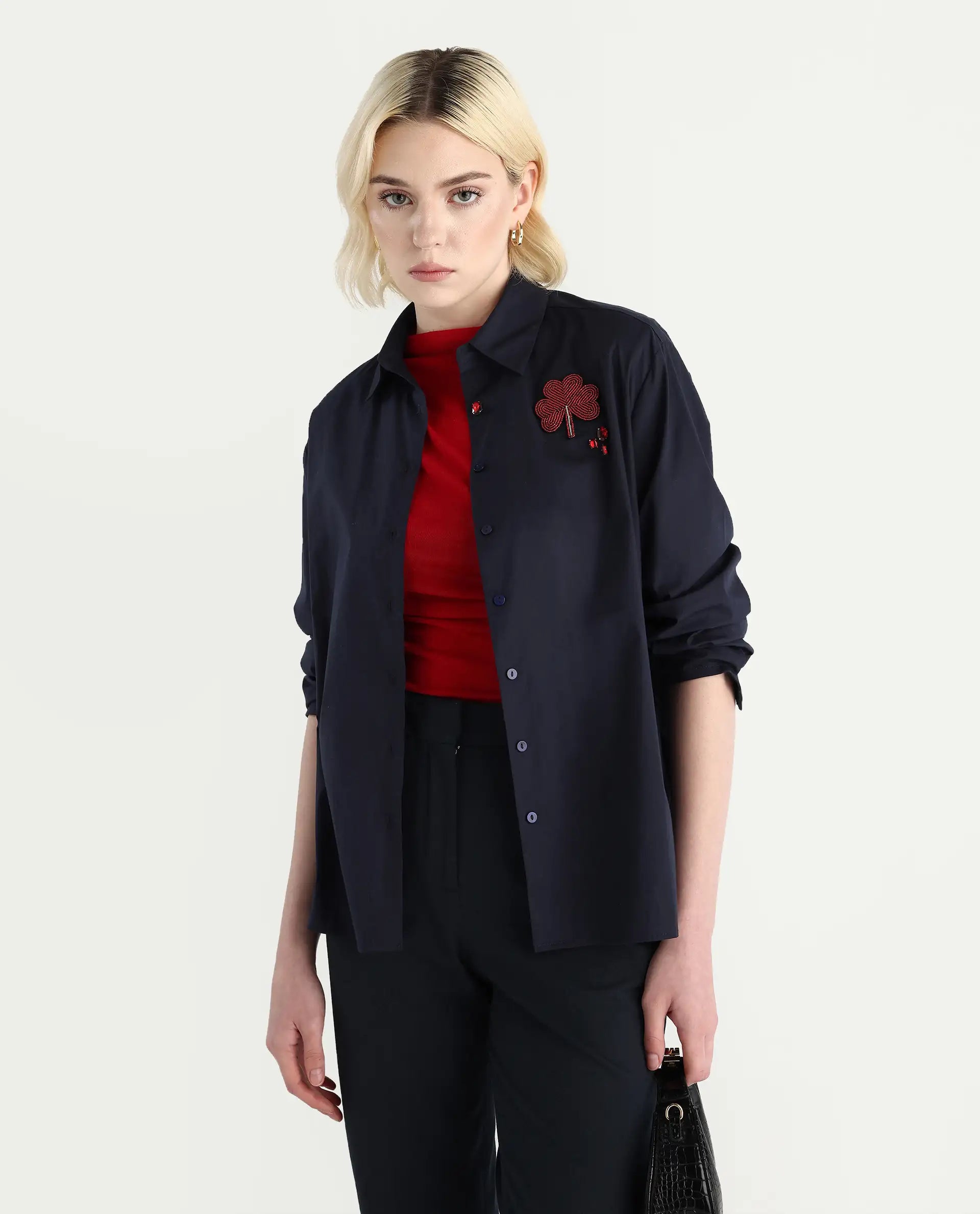 Rareism Women's Avion Navy Cotton Blend Collared Neck Boxy Fit Shirt