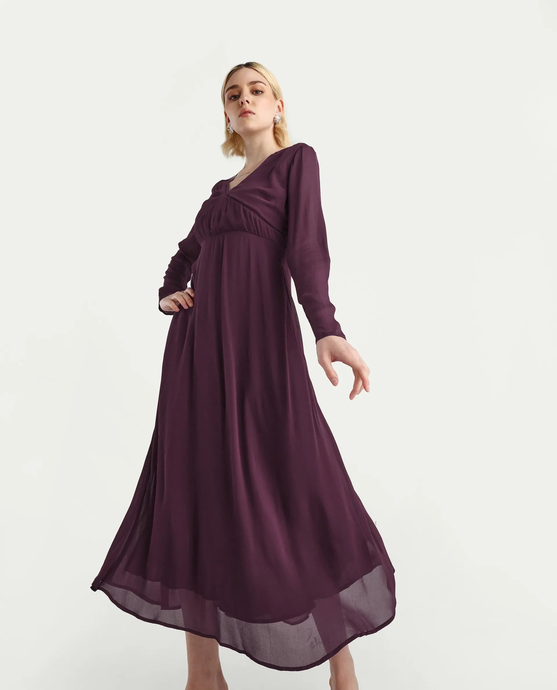 Rareism Women's Aviri Maroon Viscose V-Neck Fit And Flare Plain Dress