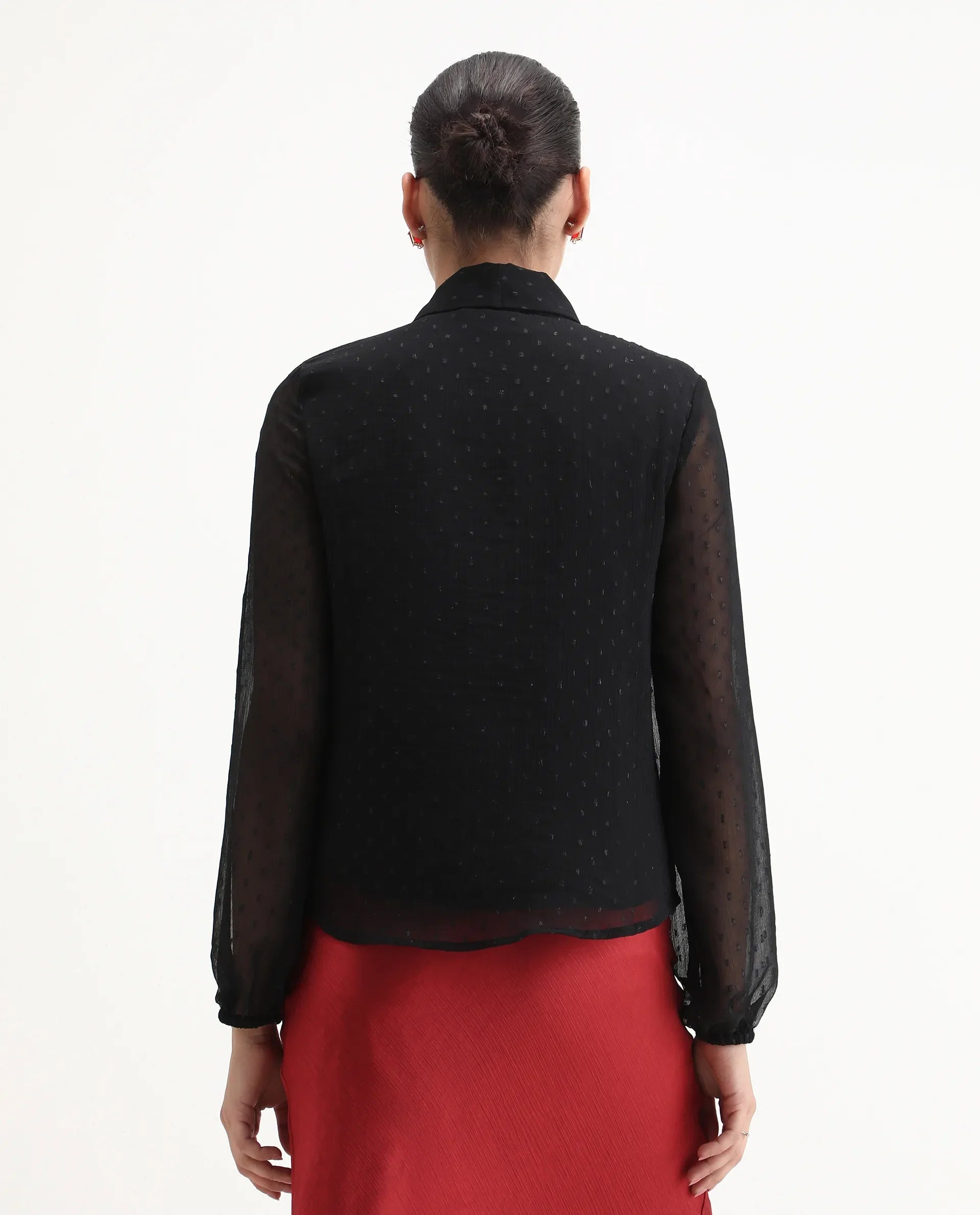 Rareism Women's Avix Black Polyester Tie-Up Neck Regular Fit Top