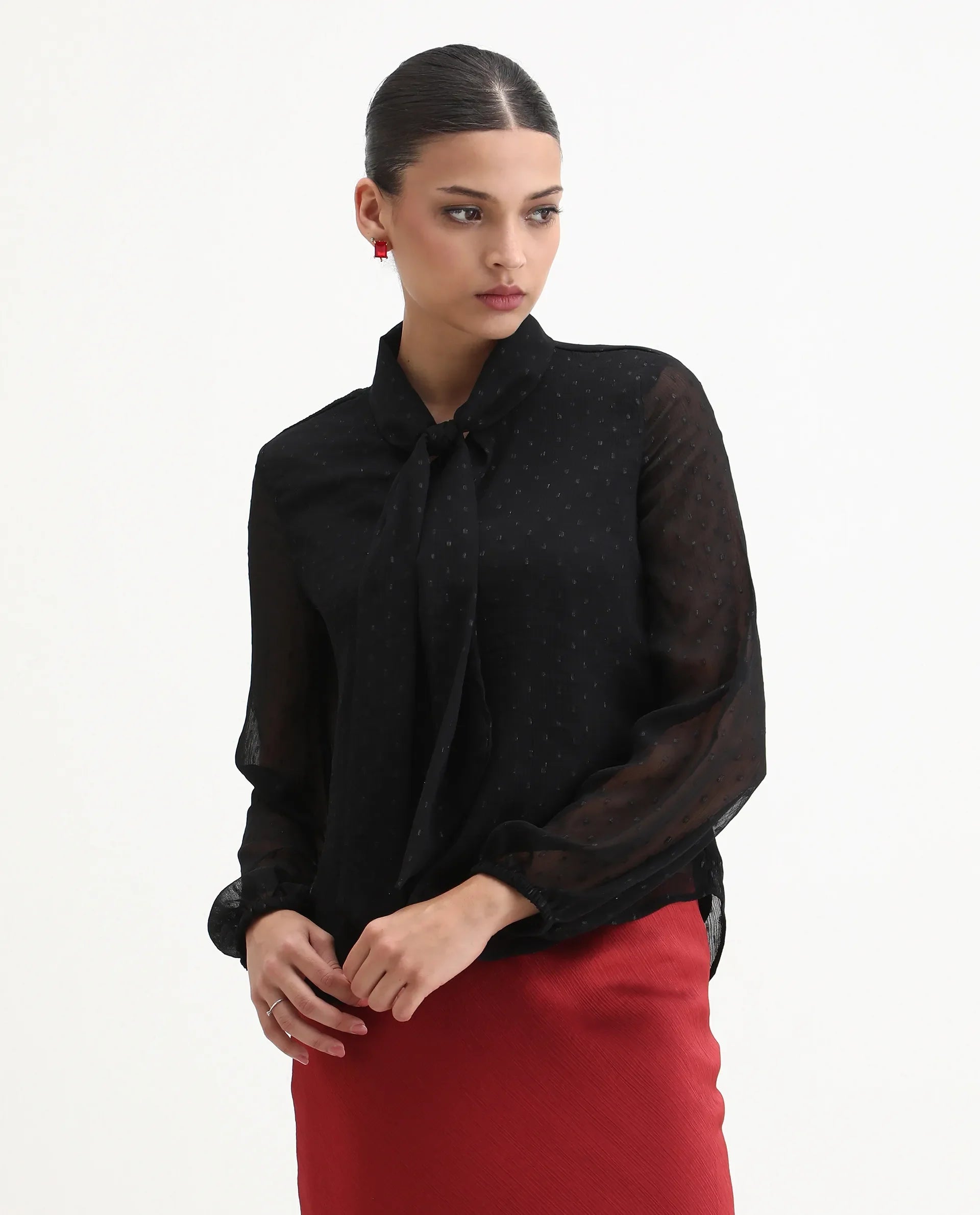 Rareism Women's Avix Black Polyester Tie-Up Neck Regular Fit Top