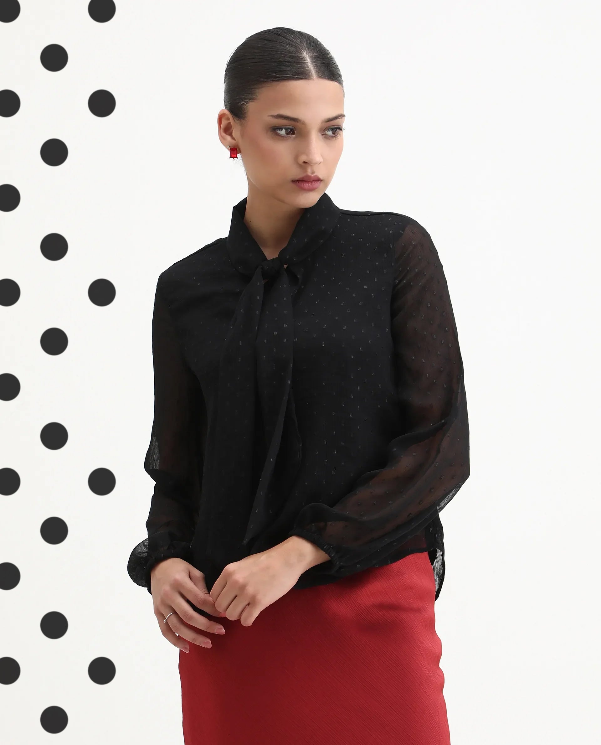 Rareism Women's Avix Black Polyester Tie-Up Neck Regular Fit Top