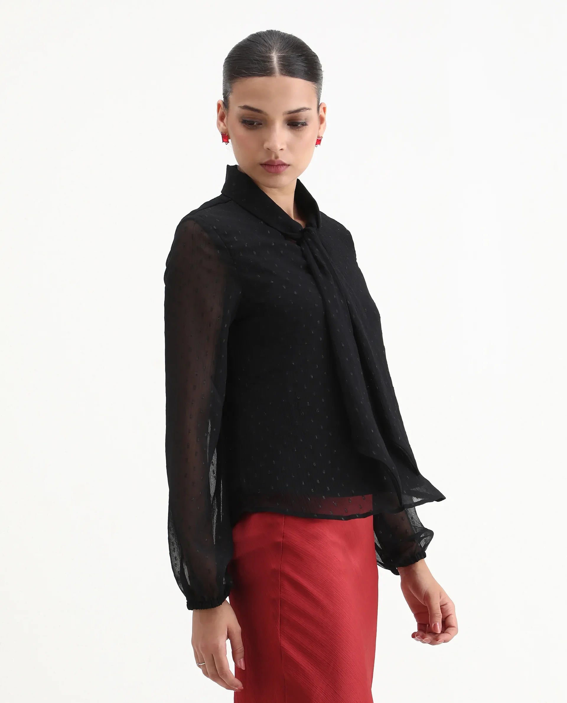 Rareism Women's Avix Black Polyester Tie-Up Neck Regular Fit Top