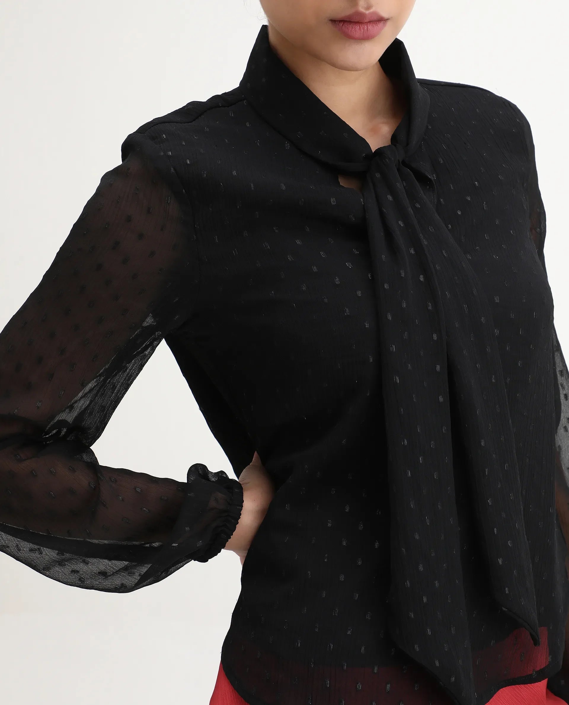 Rareism Women's Avix Black Polyester Tie-Up Neck Regular Fit Top