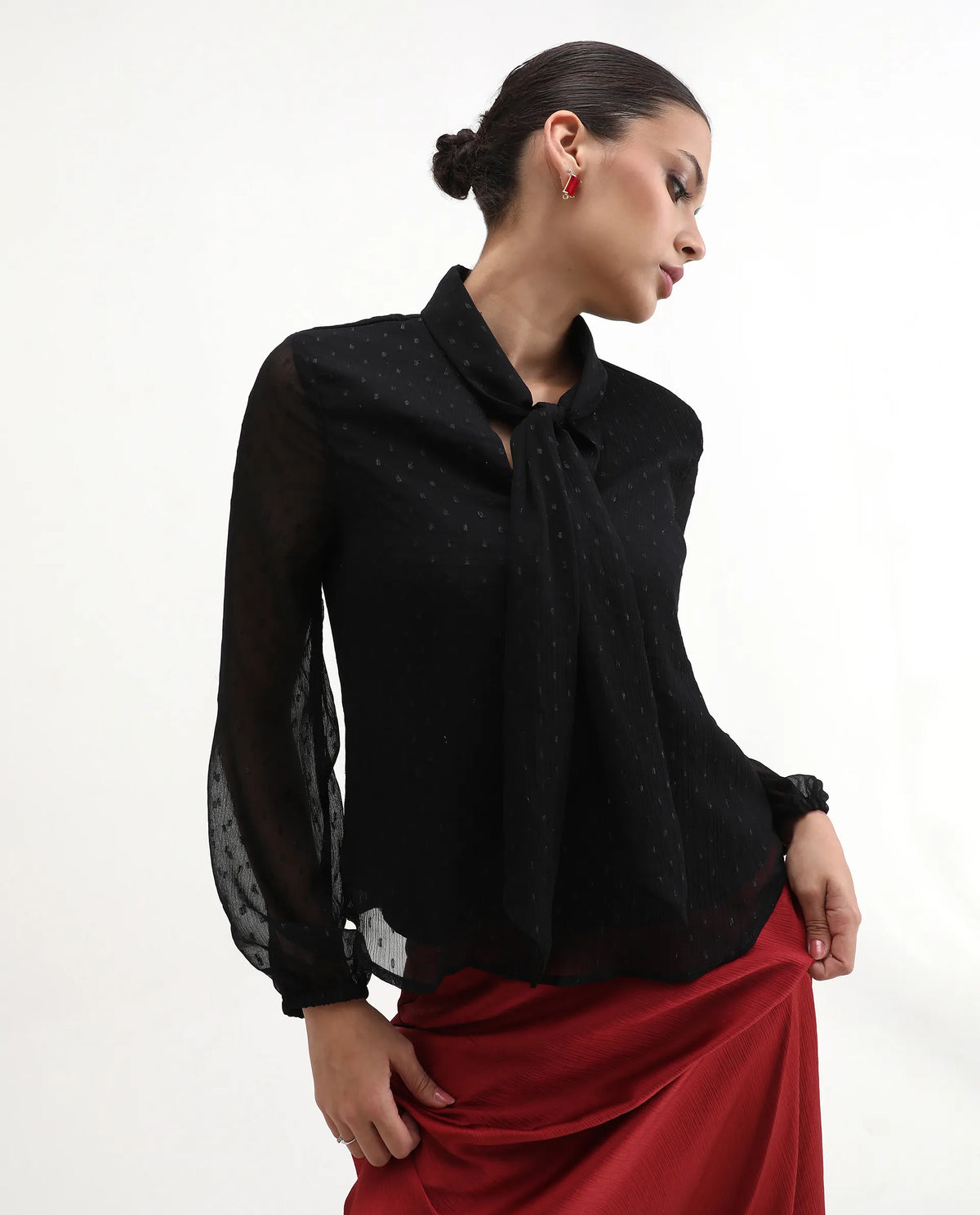 Rareism Women's Avix Black Polyester Tie-Up Neck Regular Fit Top