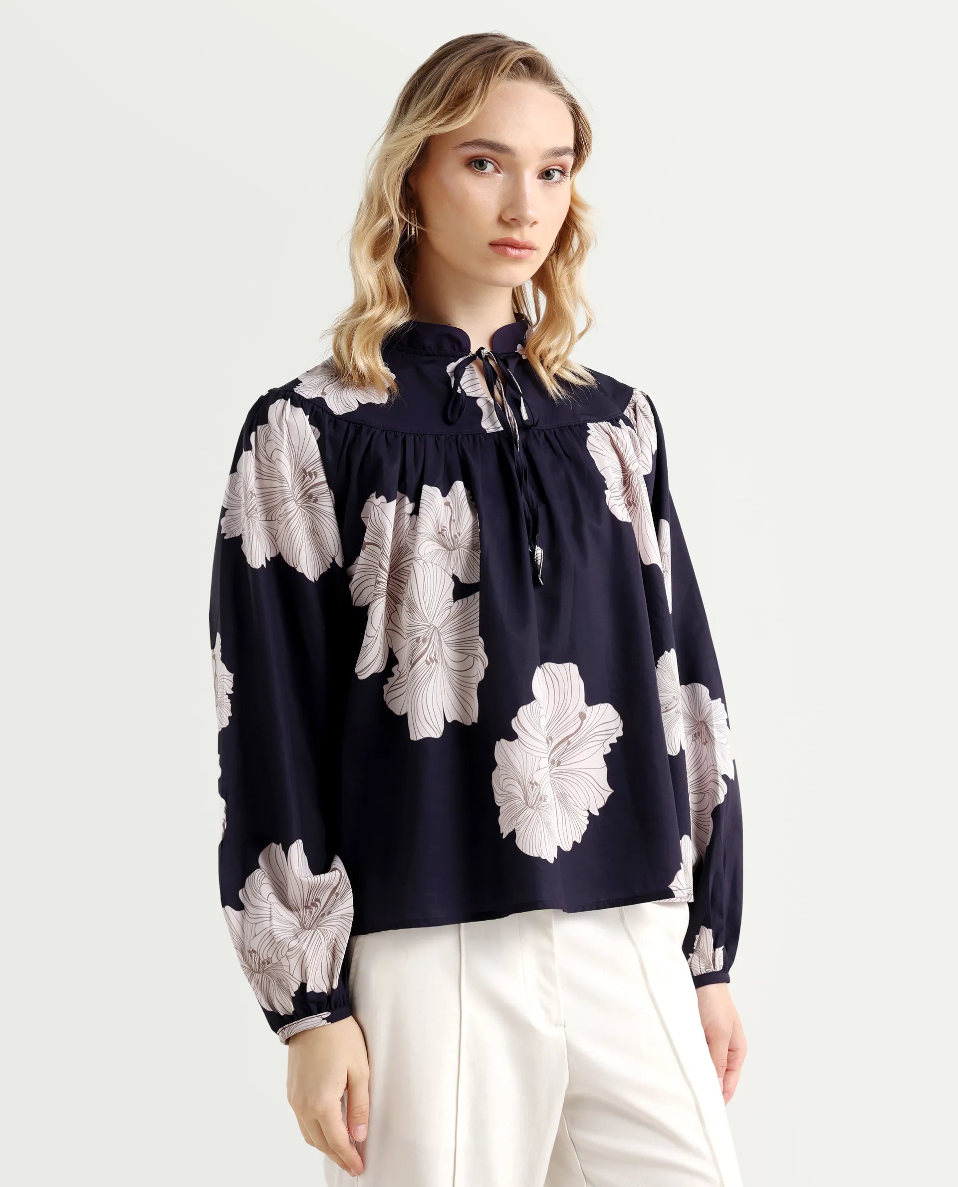 Rareism Women's Azure Dark Navy Polyester High Neck Floral Print Bishop Sleeve Relaxed Fit Top