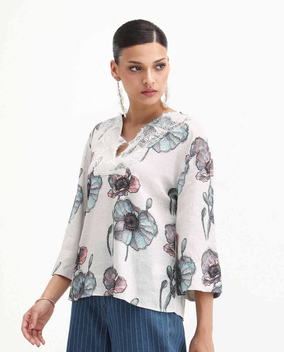 Rareism Women's Baizen Multi Cotton Linen Tie-Up Neck Floral Print Bell Sleeve Regular Fit Top