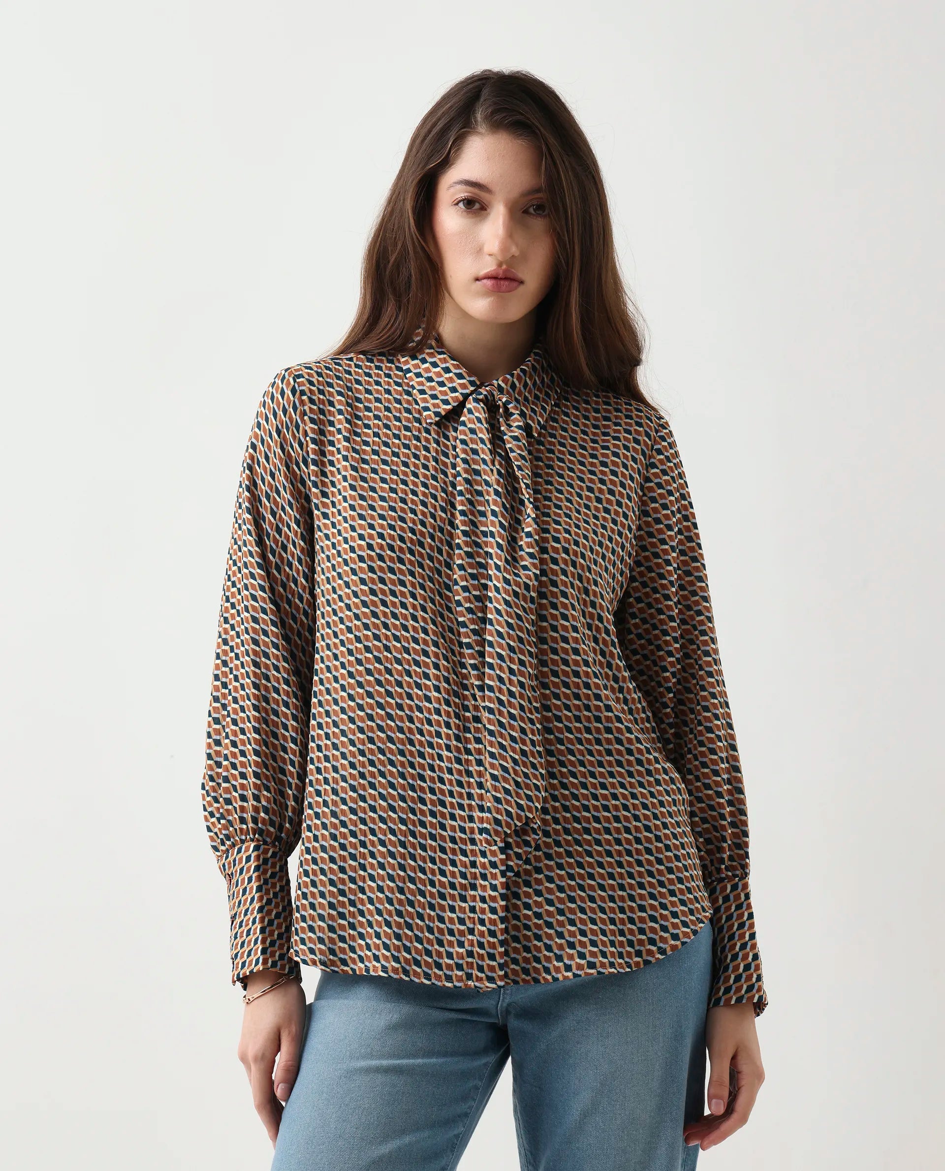 Rareism Women's Bajor Multi Polyester Cuffed Sleeve Collared Neck Regular Fit Shirt
