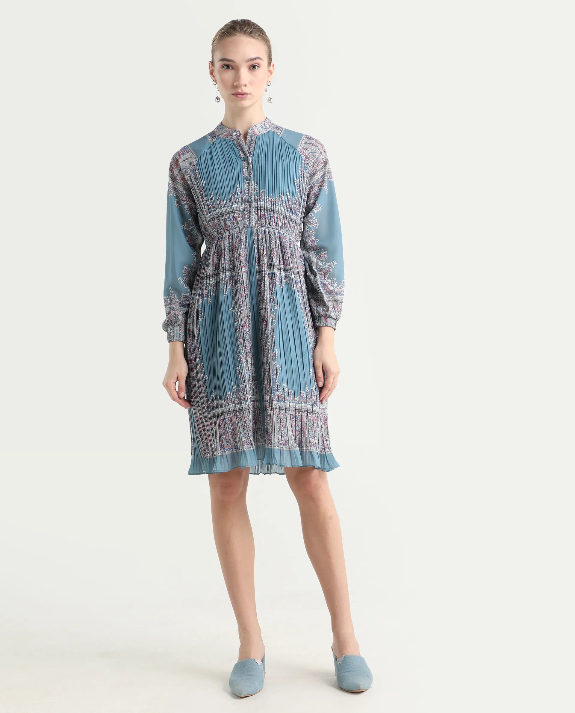 Rareism Women's Bandene Dusky Blue Polyester Mandarin Collar Bandana Print Raglan Sleeve Knee Length A-Line Dress
