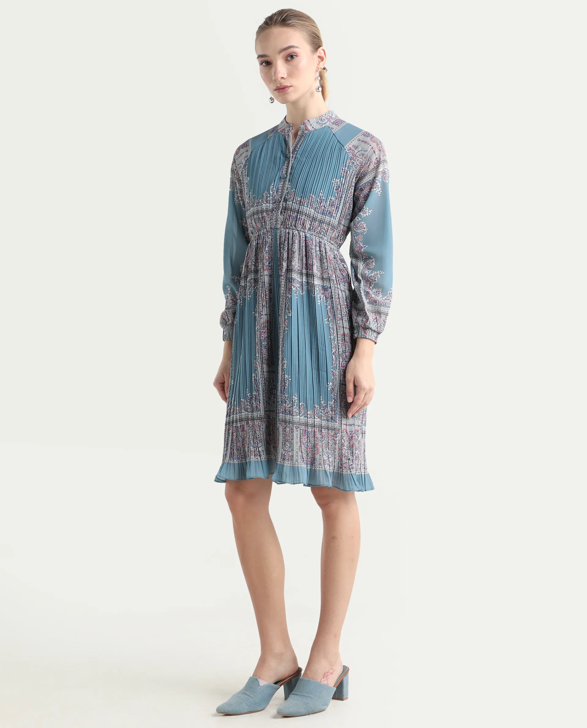 Rareism Women's Bandene Dusky Blue Polyester Mandarin Collar Bandana Print Raglan Sleeve Knee Length A-Line Dress