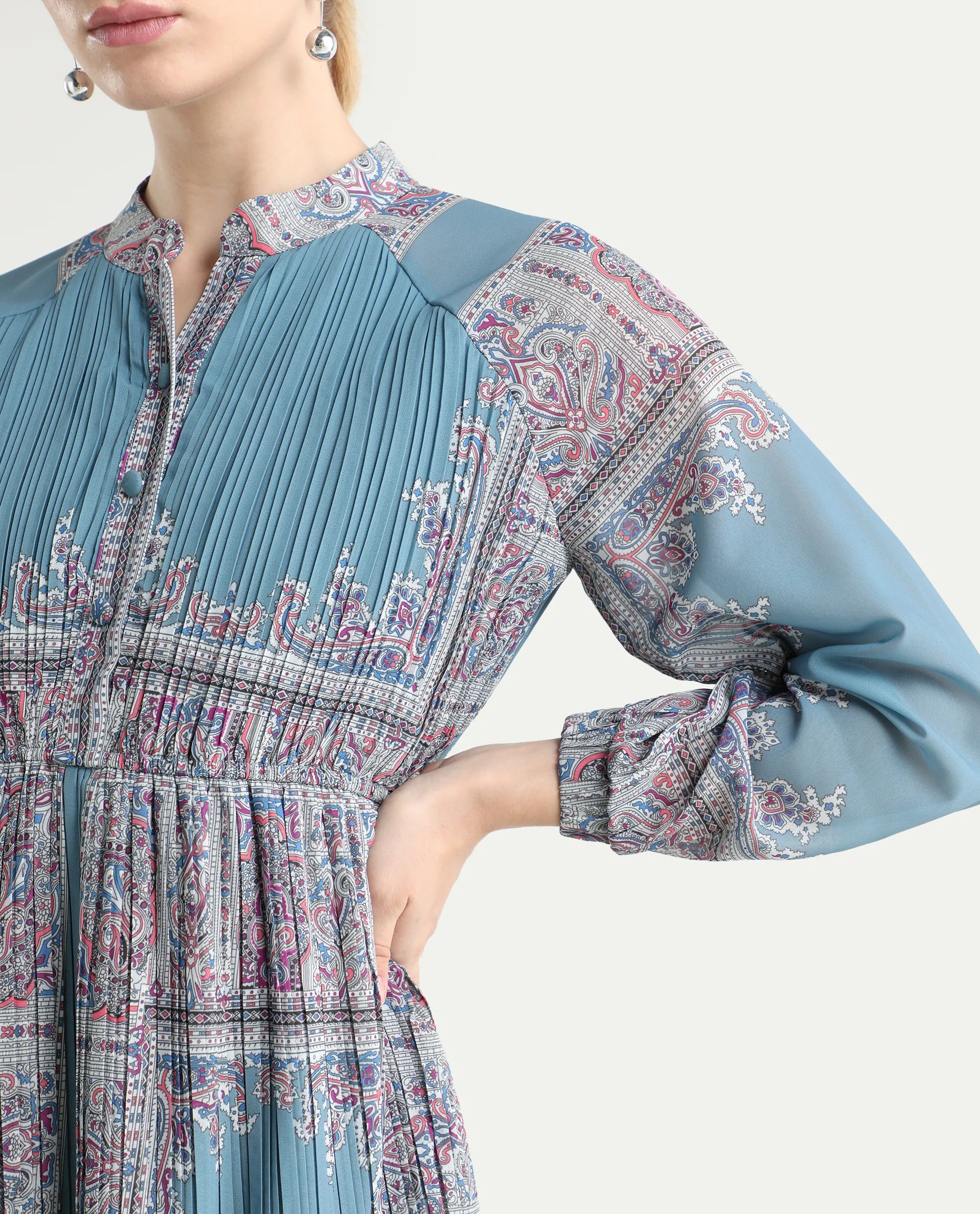 Rareism Women's Bandene Dusky Blue Polyester Mandarin Collar Bandana Print Raglan Sleeve Knee Length A-Line Dress