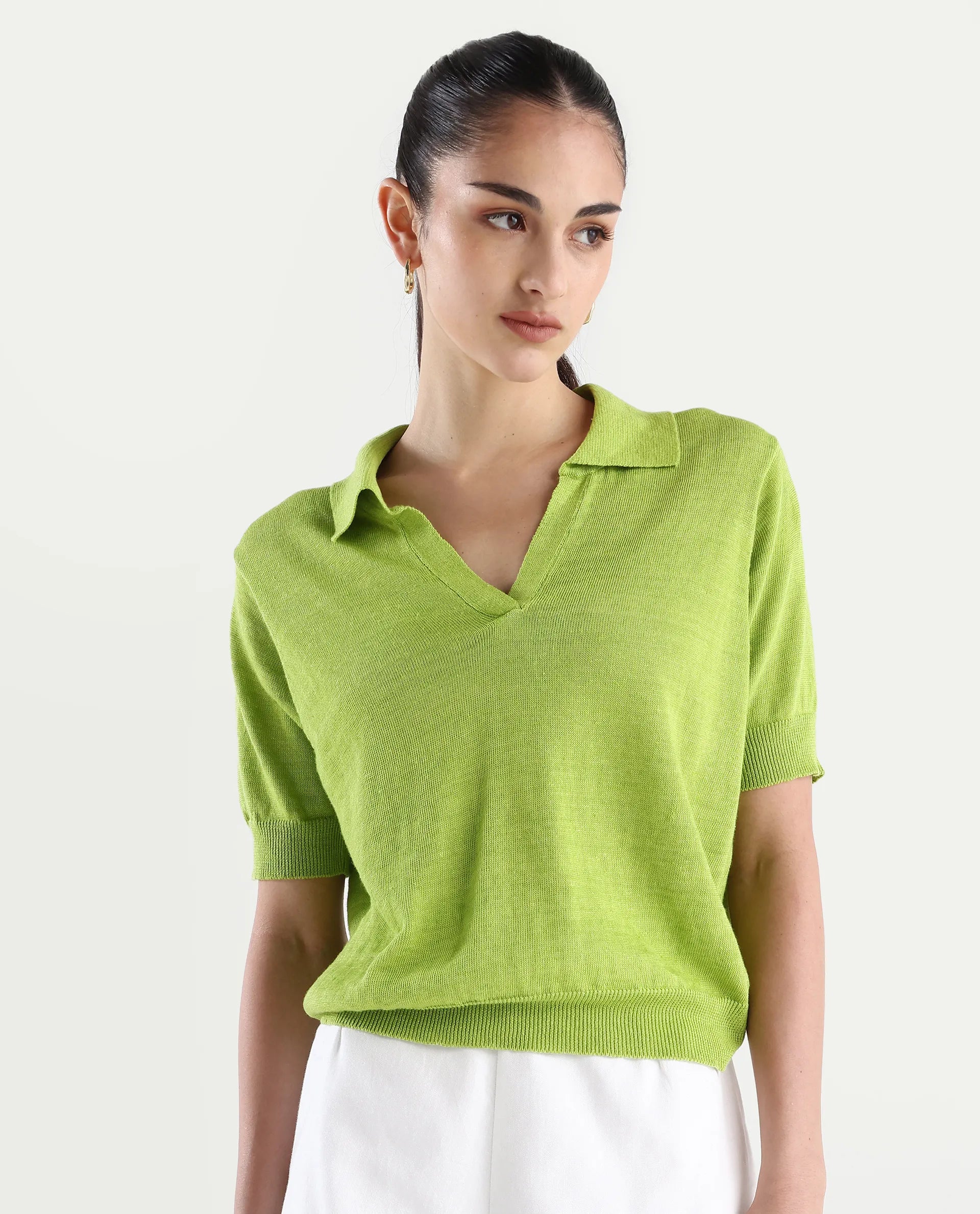 Rareism Women's Basel Flouroscent Green Cotton Linen Polo Neck Plain Regular Fit Polo