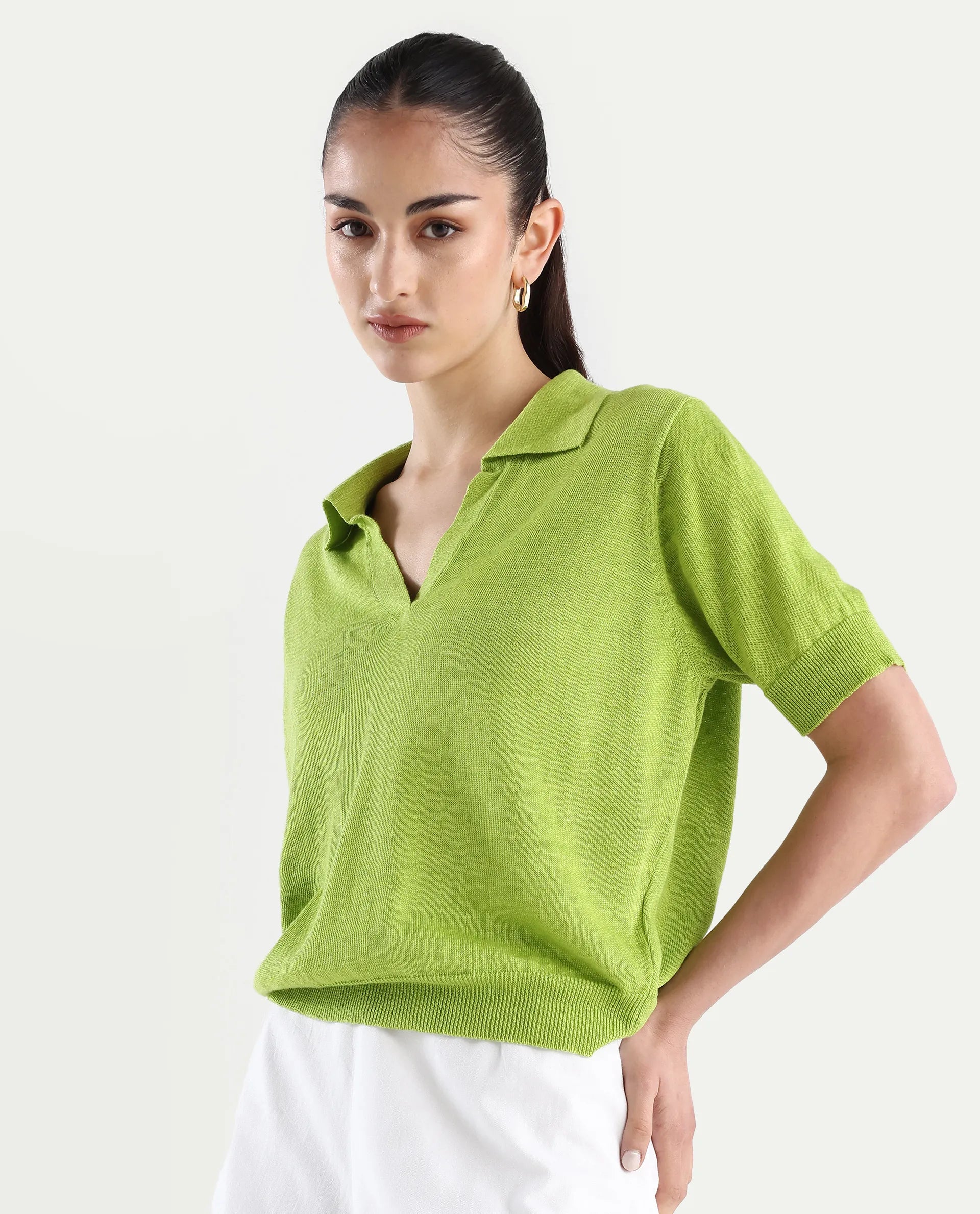 Rareism Women's Basel Flouroscent Green Cotton Linen Polo Neck Plain Regular Fit Polo