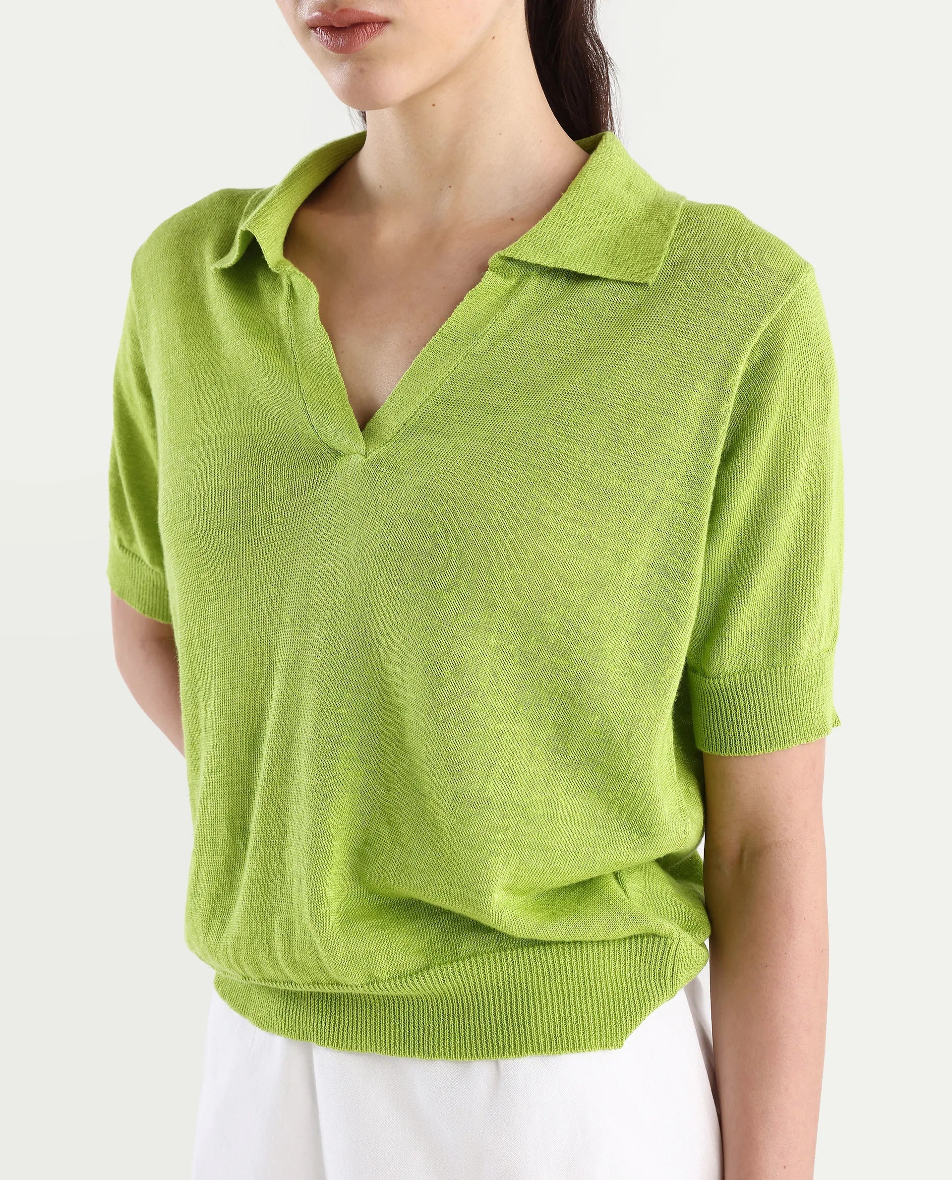 Rareism Women's Basel Flouroscent Green Cotton Linen Polo Neck Plain Regular Fit Polo