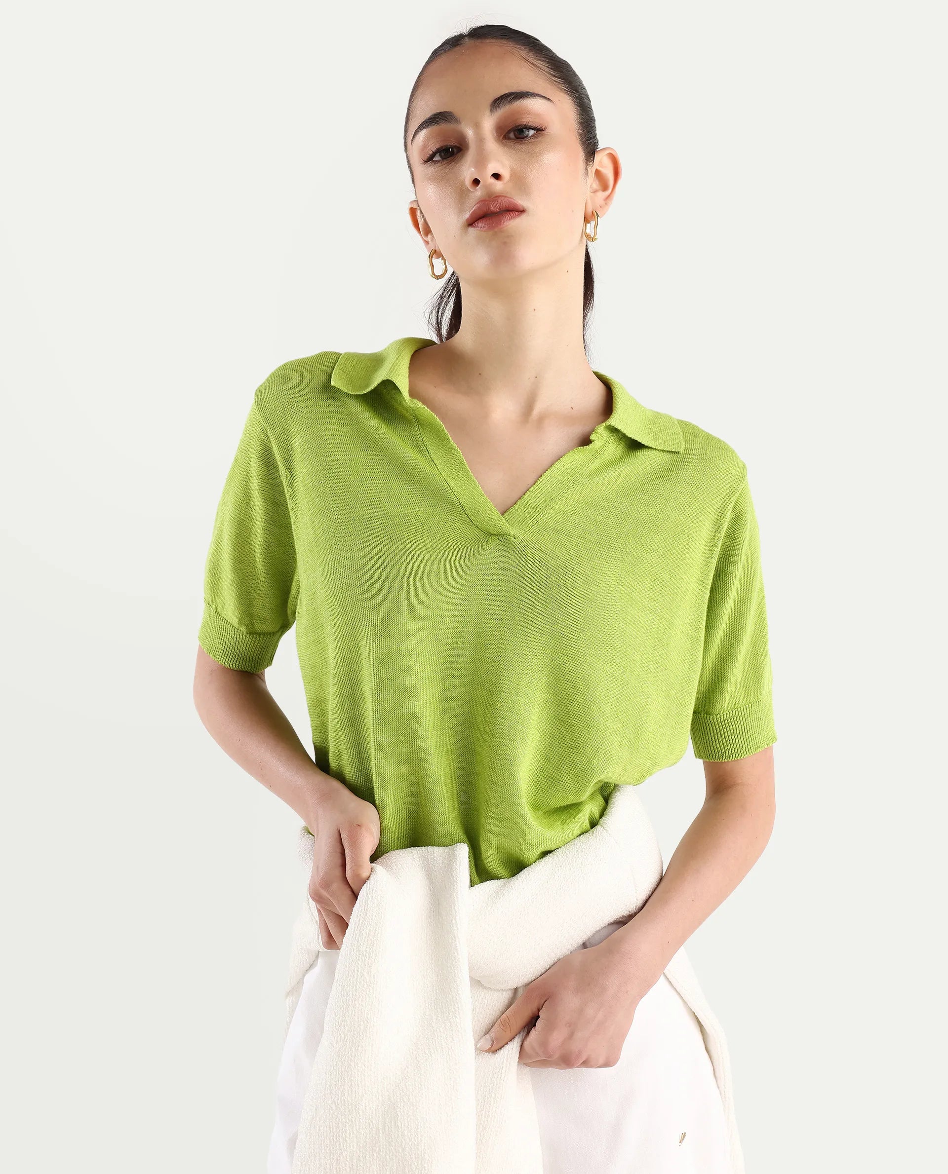 Rareism Women's Basel Flouroscent Green Cotton Linen Polo Neck Plain Regular Fit Polo