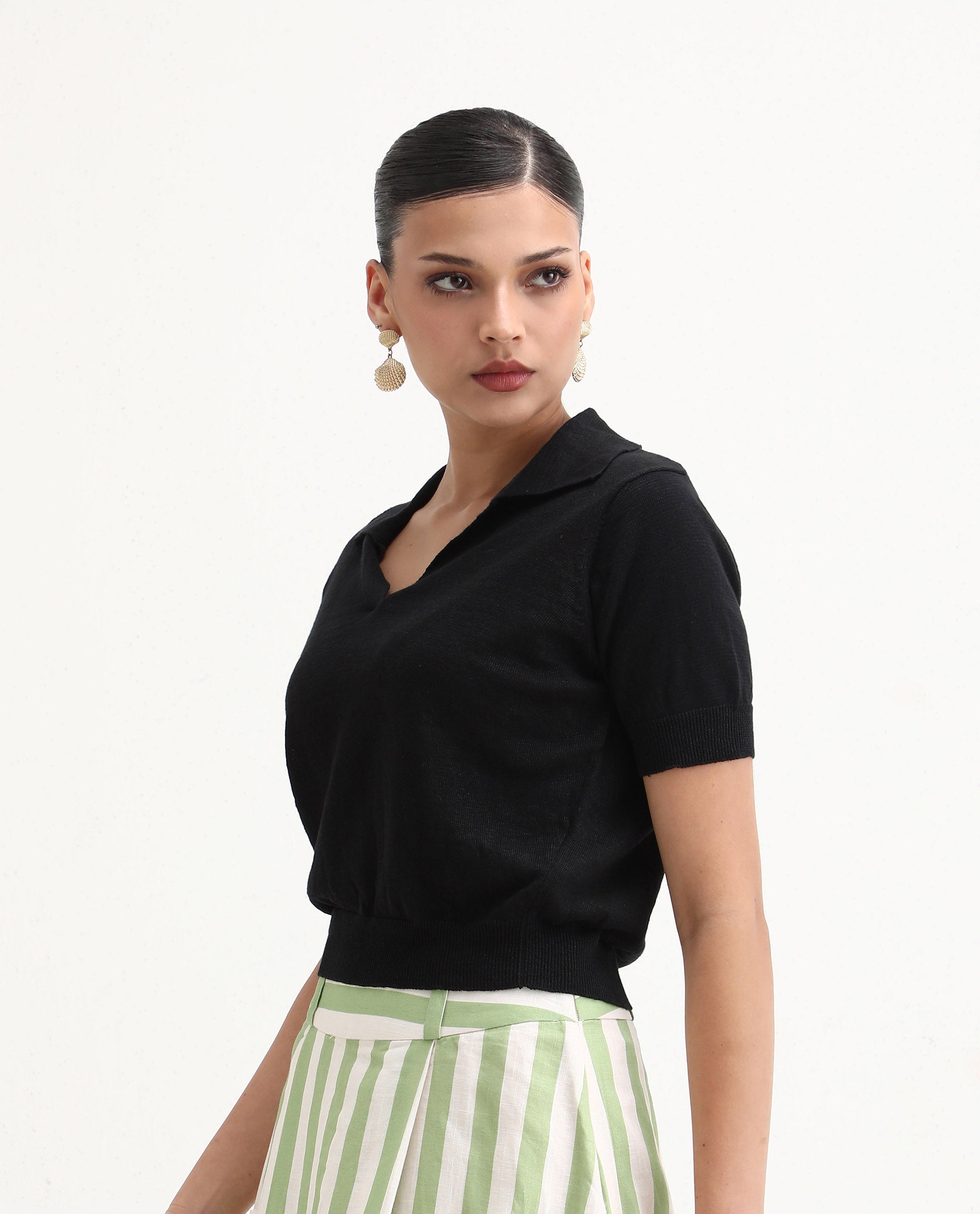 Rareism Women's Basel Black Cotton Linen Polo Neck Plain Regular Fit Polo