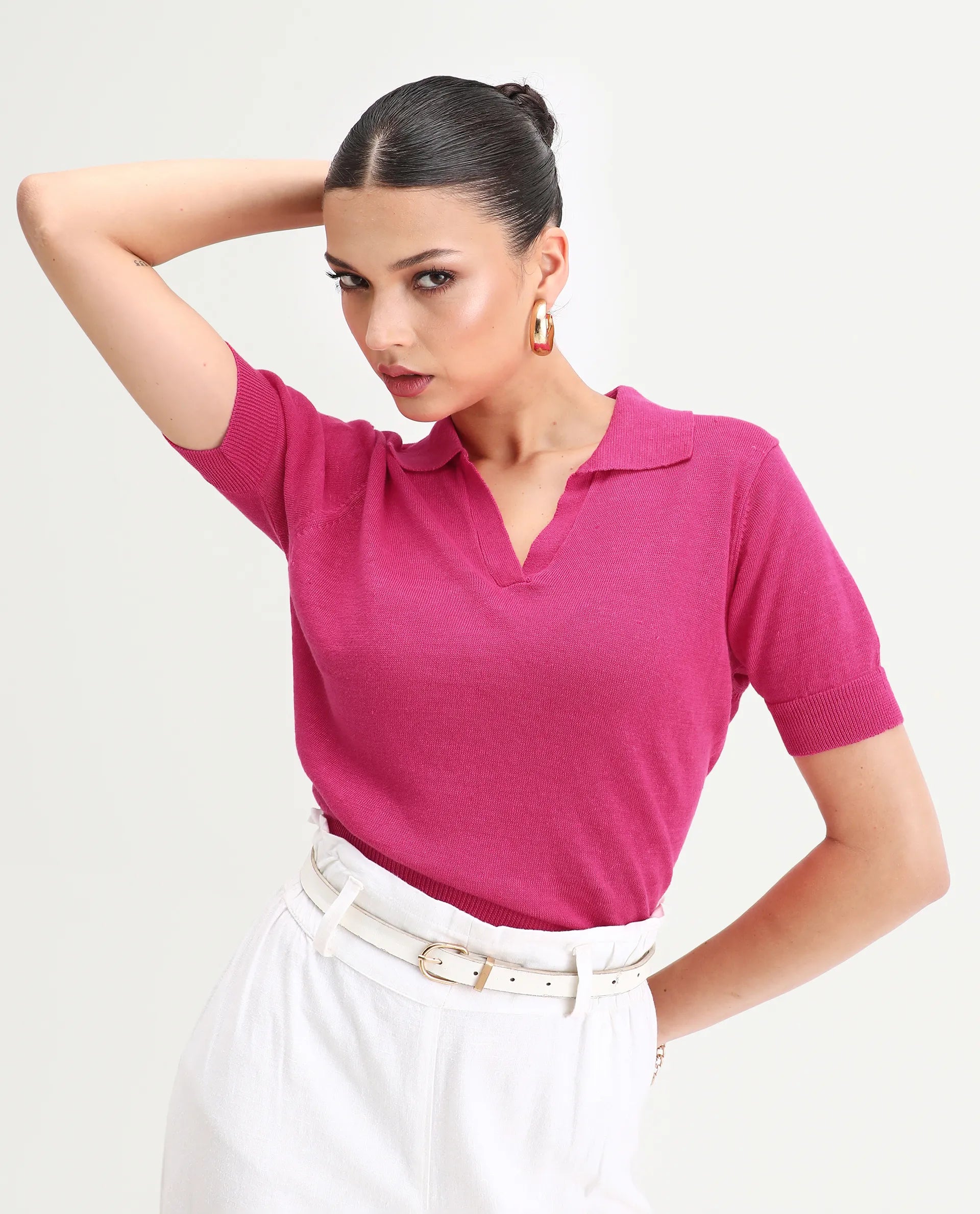 Rareism Women's Basel Flouroscent Pink Cotton Blend Polo Neck Plain Regular Fit Polo