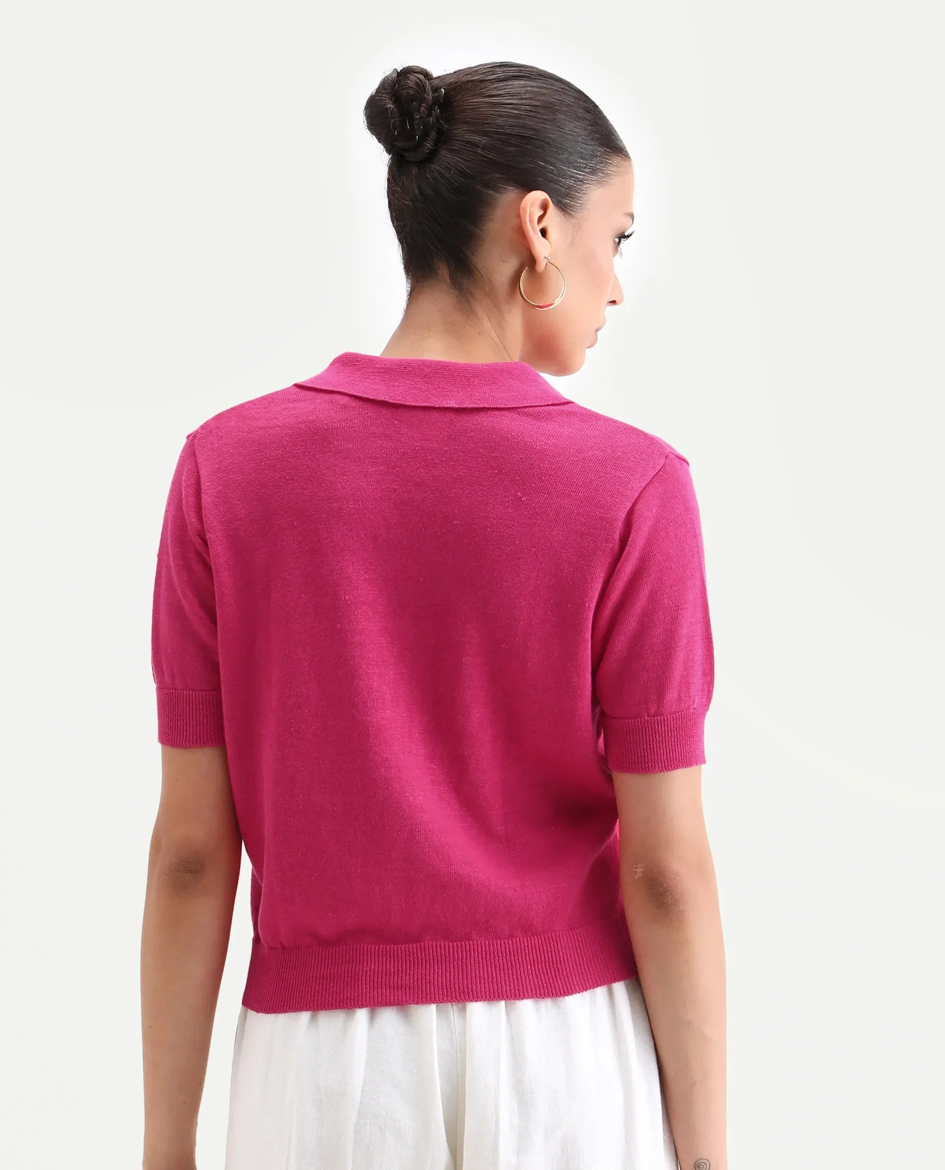 Rareism Women's Basel Flouroscent Pink Linen Blend Polo Neck Plain Regular Fit Polo