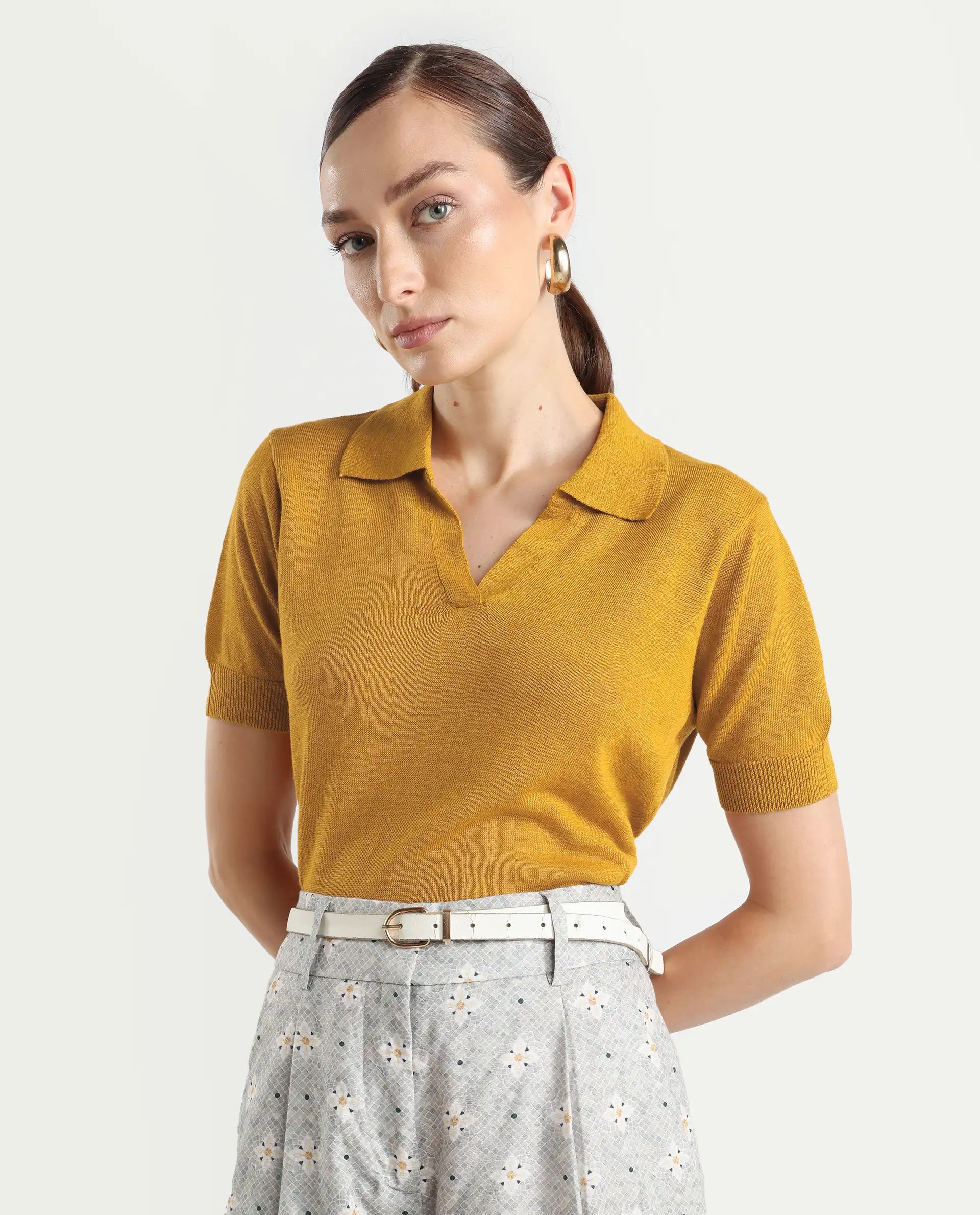 Rareism Women's Basel Yellow Cotton Linen Polo Neck Plain Regular Fit Polo