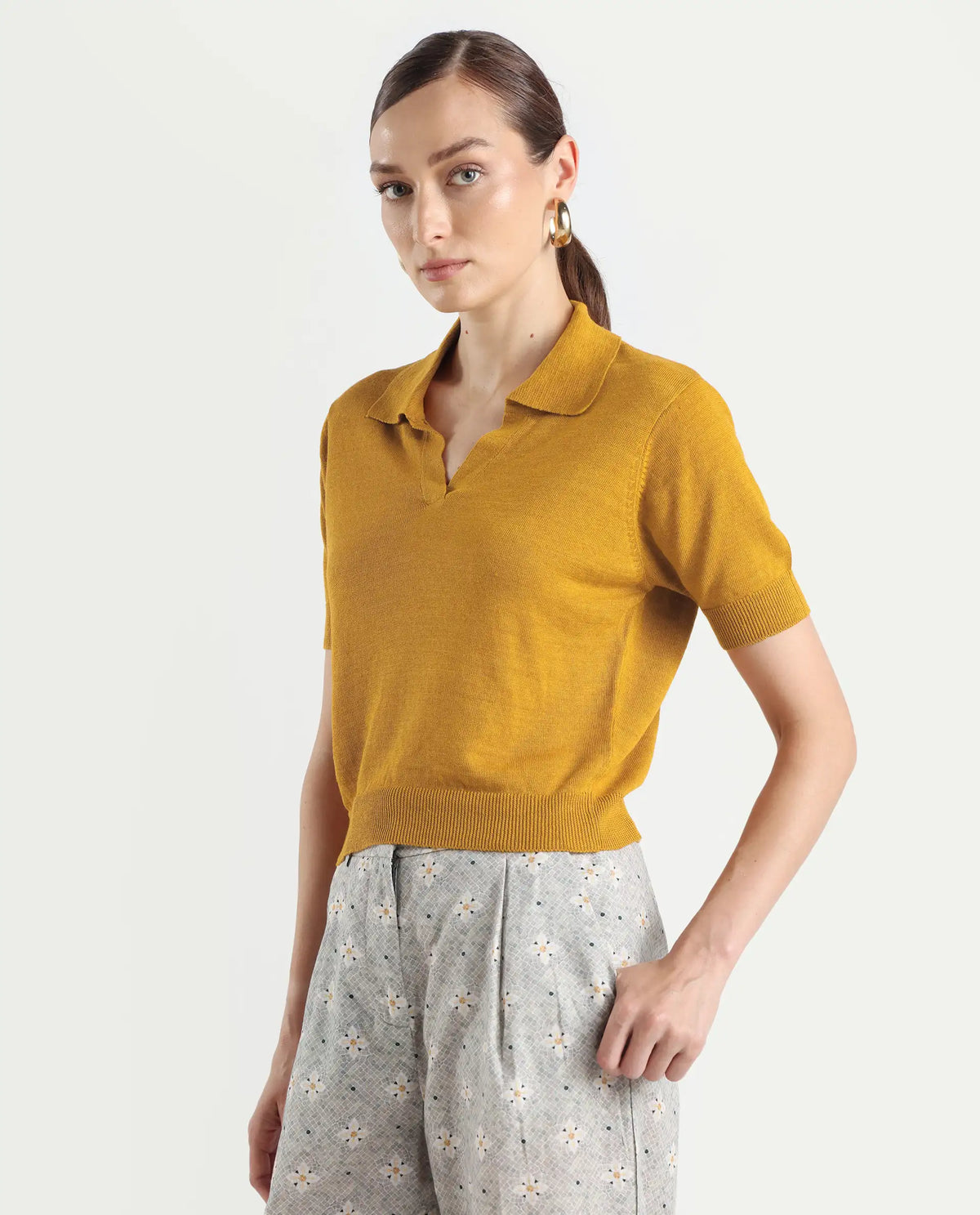 Rareism Women's Basel Yellow Cotton Linen Polo Neck Plain Regular Fit Polo